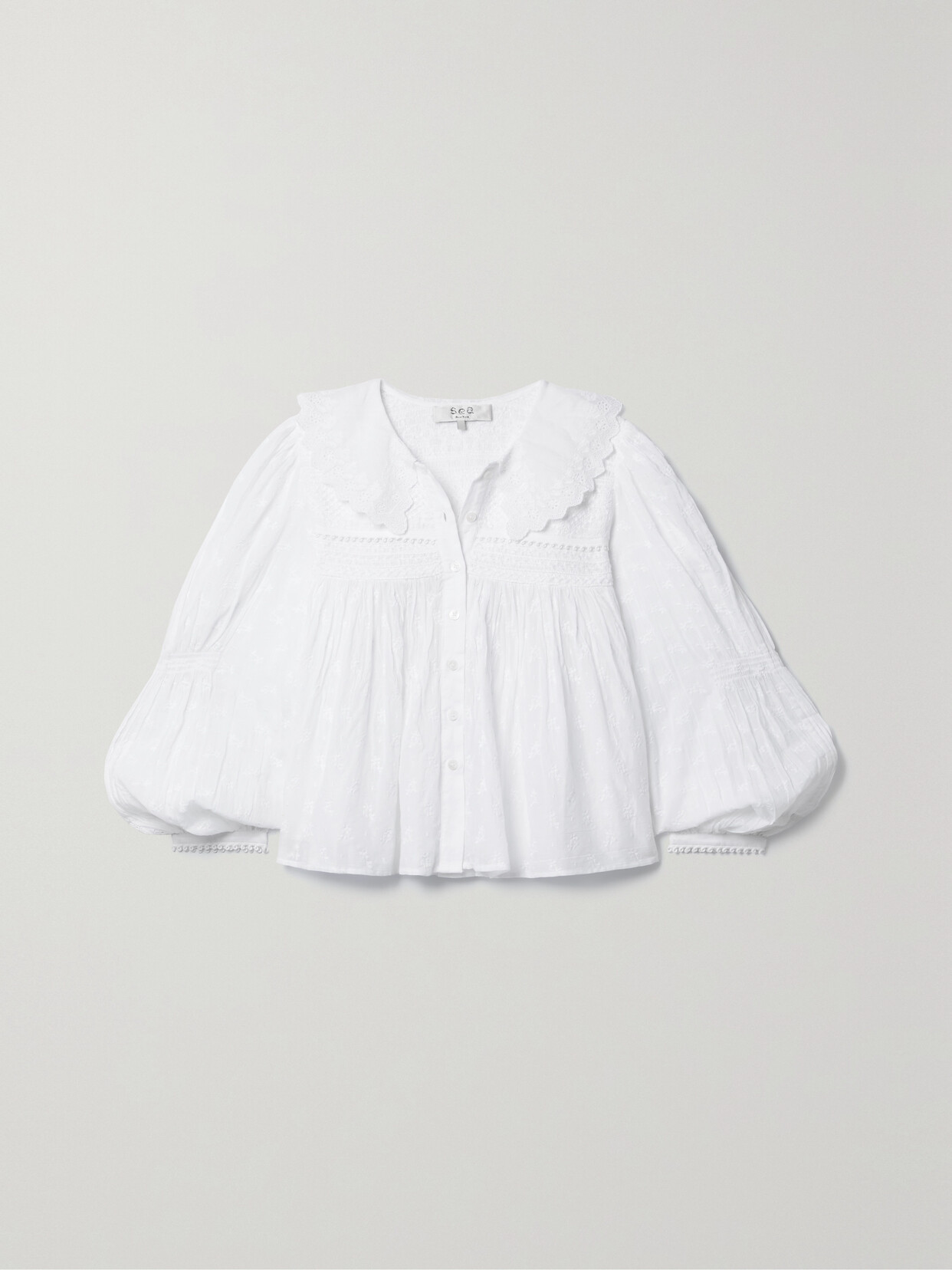 Sea - Olga Smocked Embroidered Cotton-voile Blouse - White