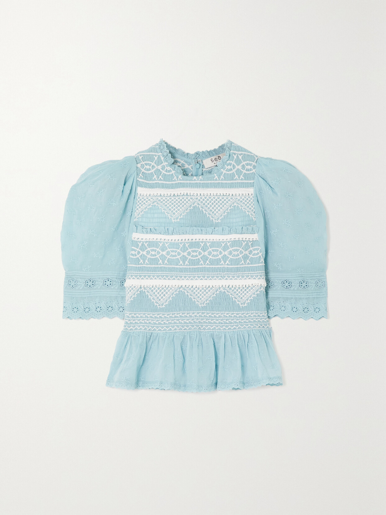 Sea - Olga Smocked Embroidered Cotton-voile Peplum Top - Blue