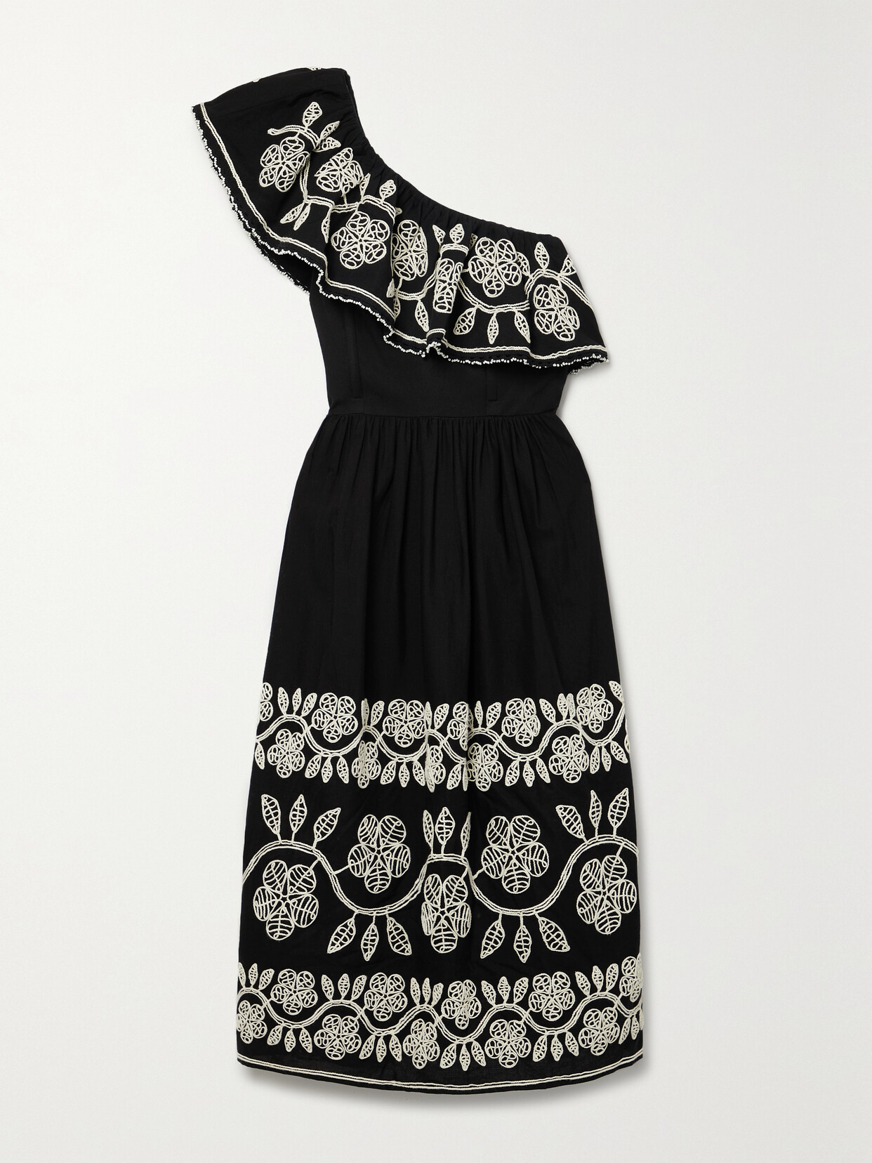 Sea Beck One-shoulder Embellished Cotton And Linen-blend Midi Dress - Black