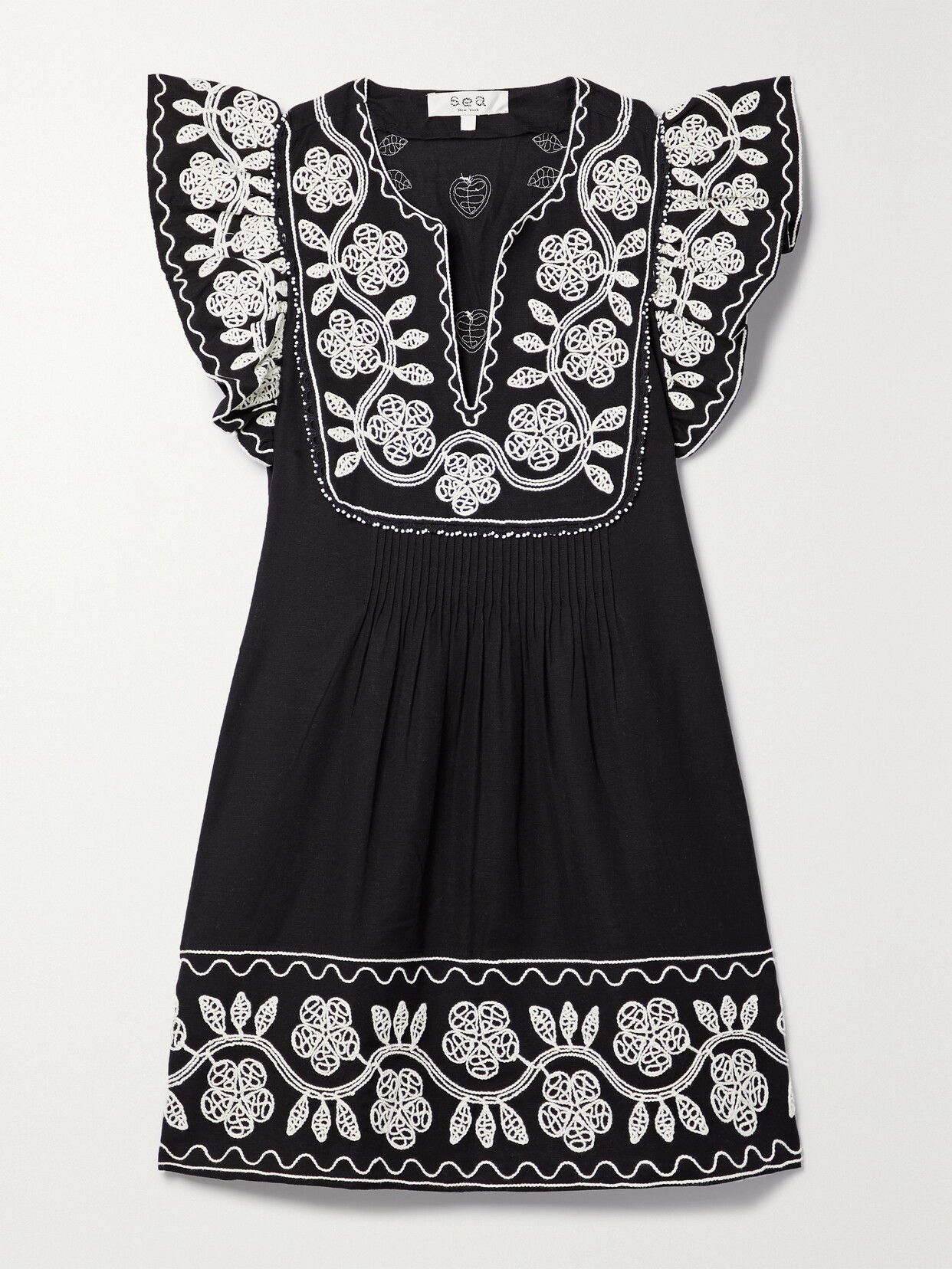Sea Beck Pintucked Embroidered Cotton And Linen-blend Mini Dress - Black
