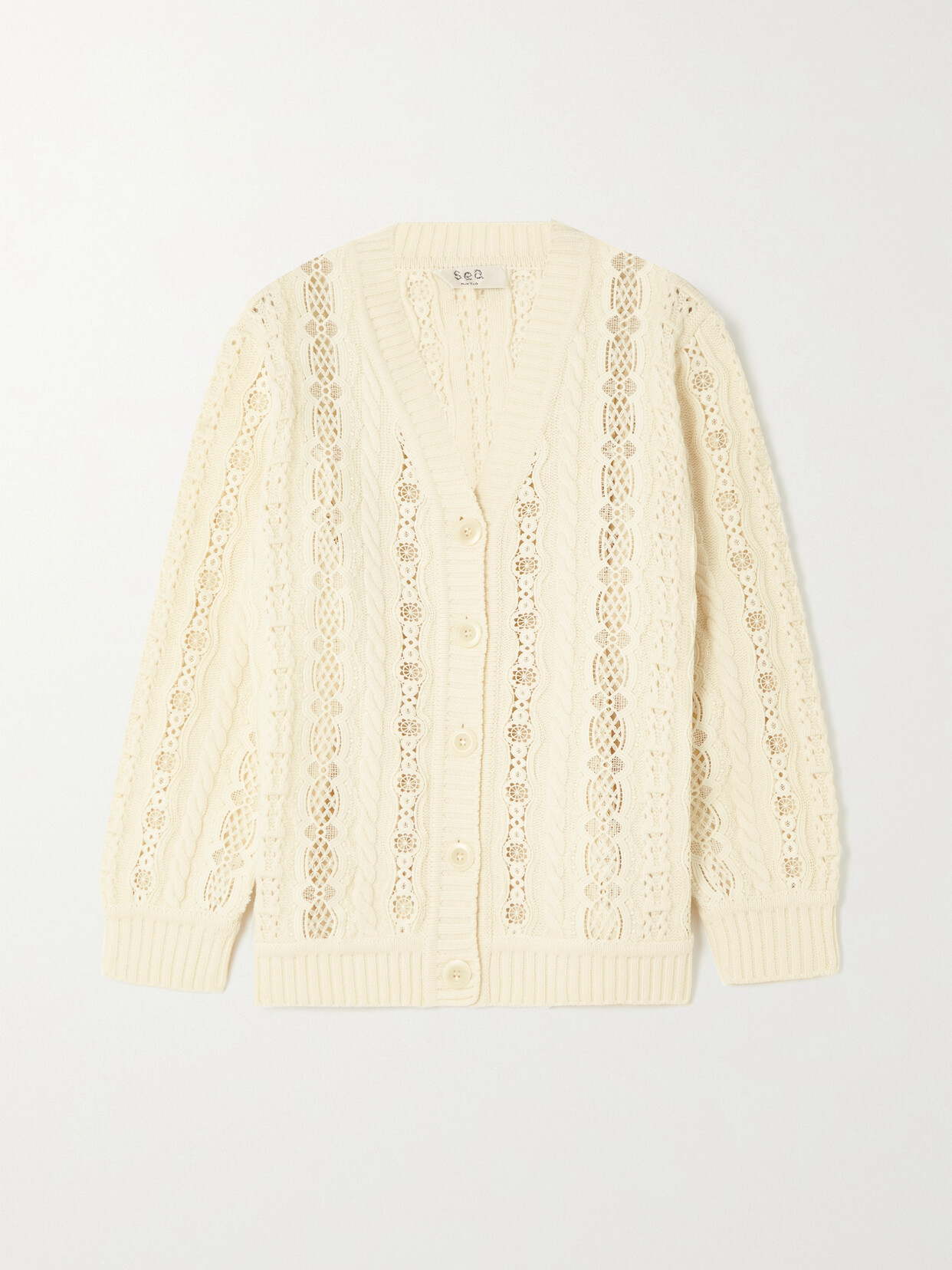 Sea - Dentelle Lace-paneled Cable-knit Merino Wool Cardigan - Off-white