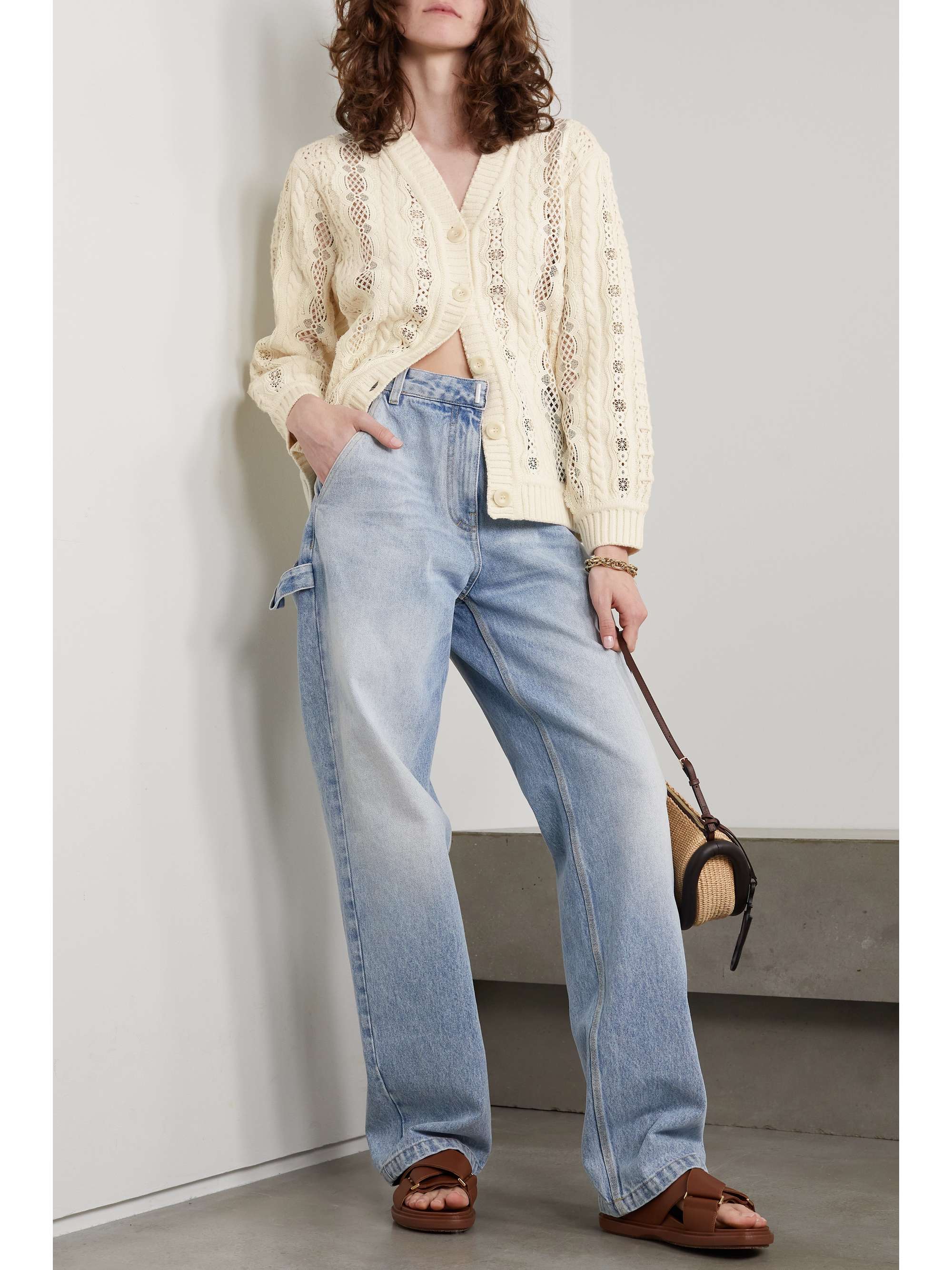 SEA Dentelle lace paneled cable knit merino wool cardigan NET A
