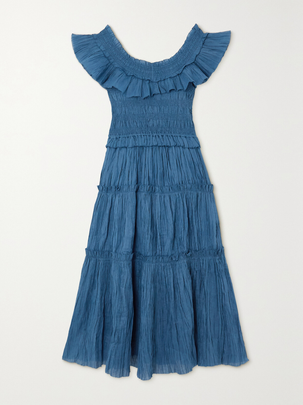 Sea - Micah Ruffled Shirred Ramie Midi Dress - Blue