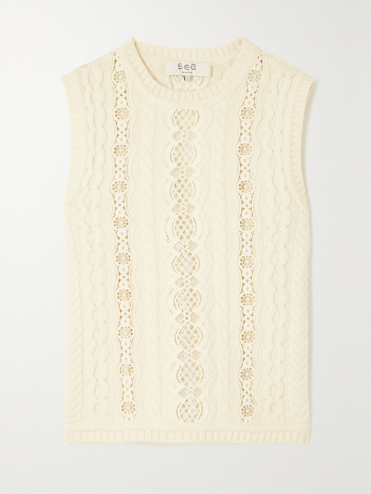 Sea - Dentelle Lace-paneled Cable-knit Merino Wool Tank - Off-white