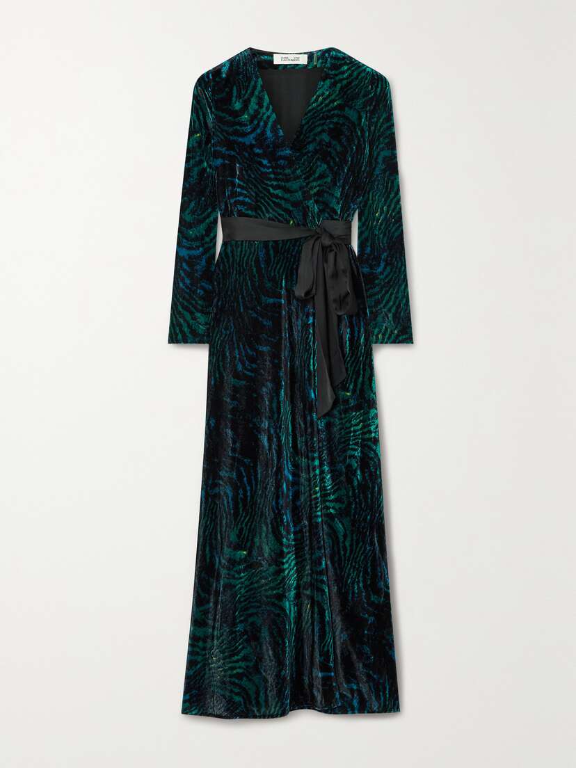 Diane von Furstenberg Belted Tiger-print Velvet Maxi Dress