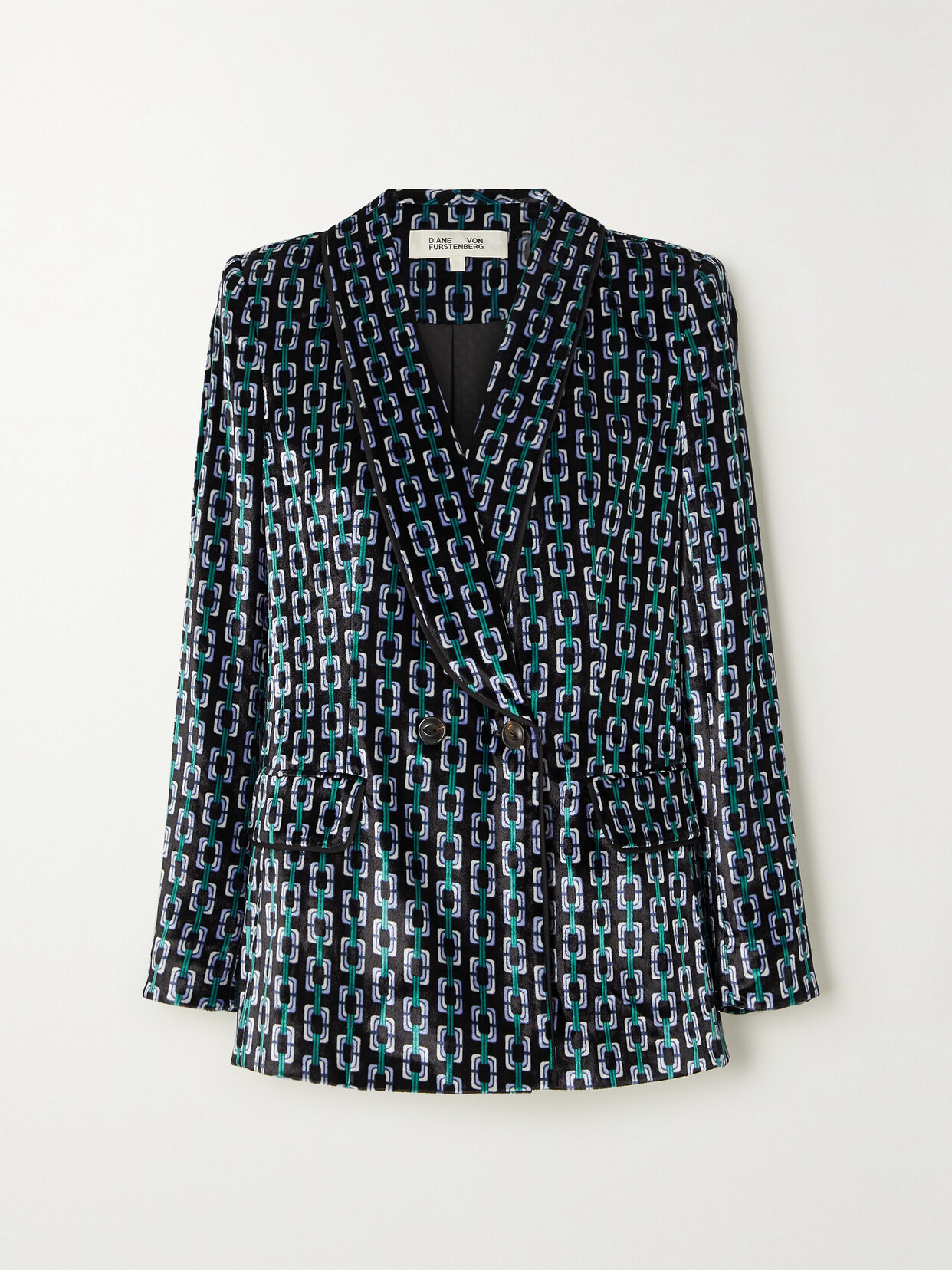 Diane von Furstenberg - Double-breasted Printed Velvet Blazer - Blue