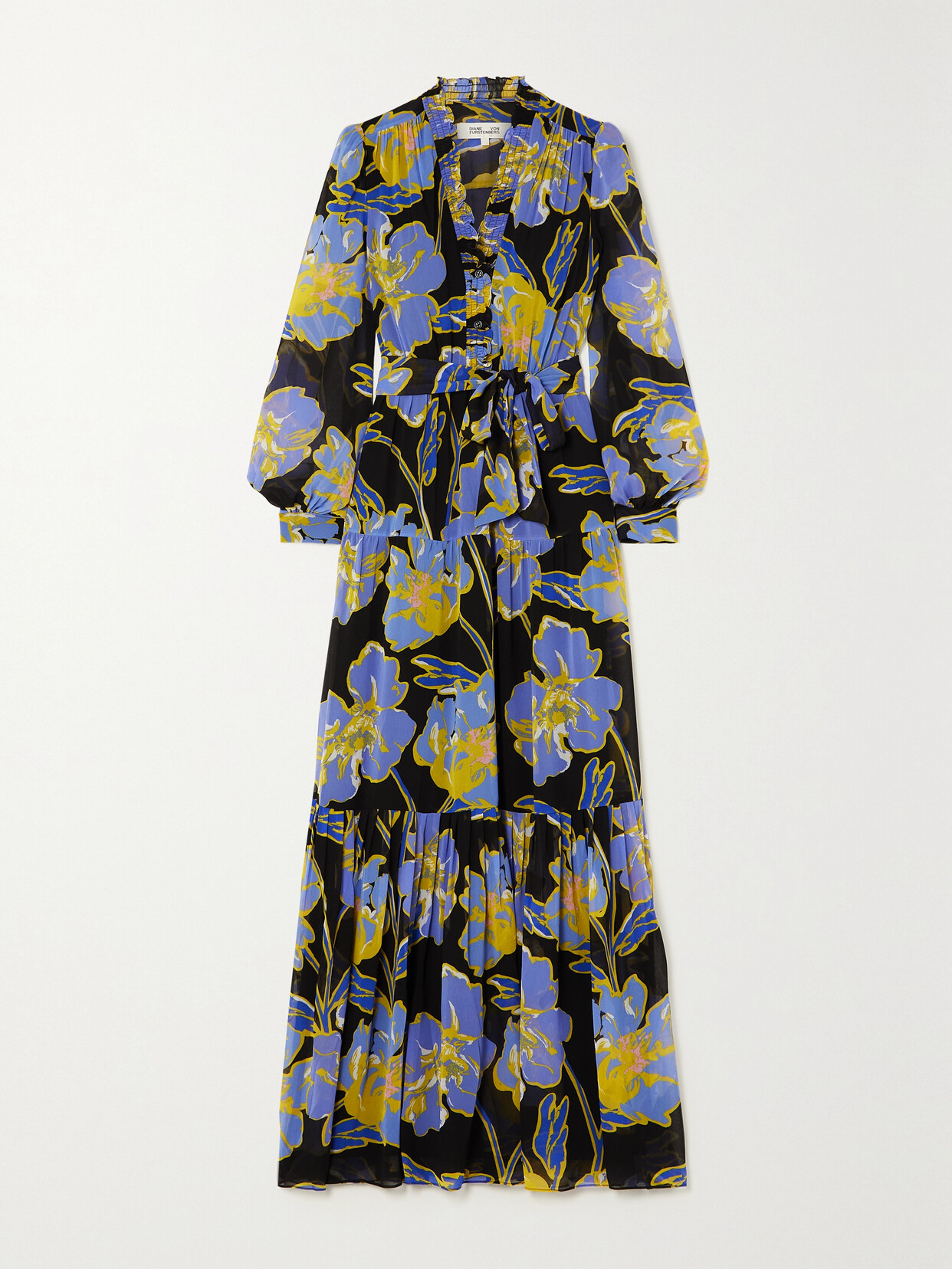 Diane Von Furstenberg Olenna Belted Ruffled Floral-print Crepe De Chine Maxi Dress In Purple