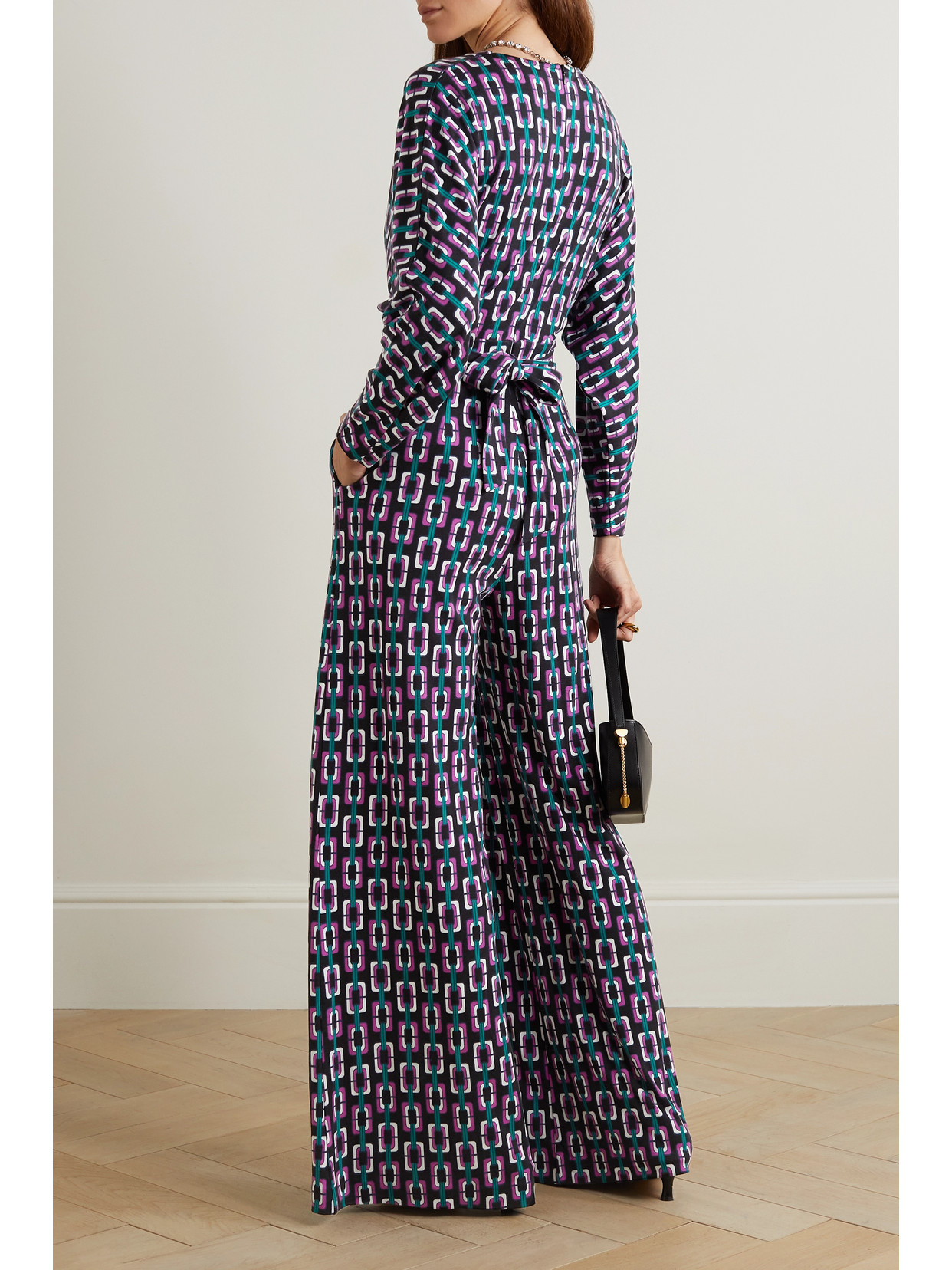 Shop Diane Von Furstenberg Belted Gathered Printed Tencel Modal And Wool-blend Jumpsuit In Purple