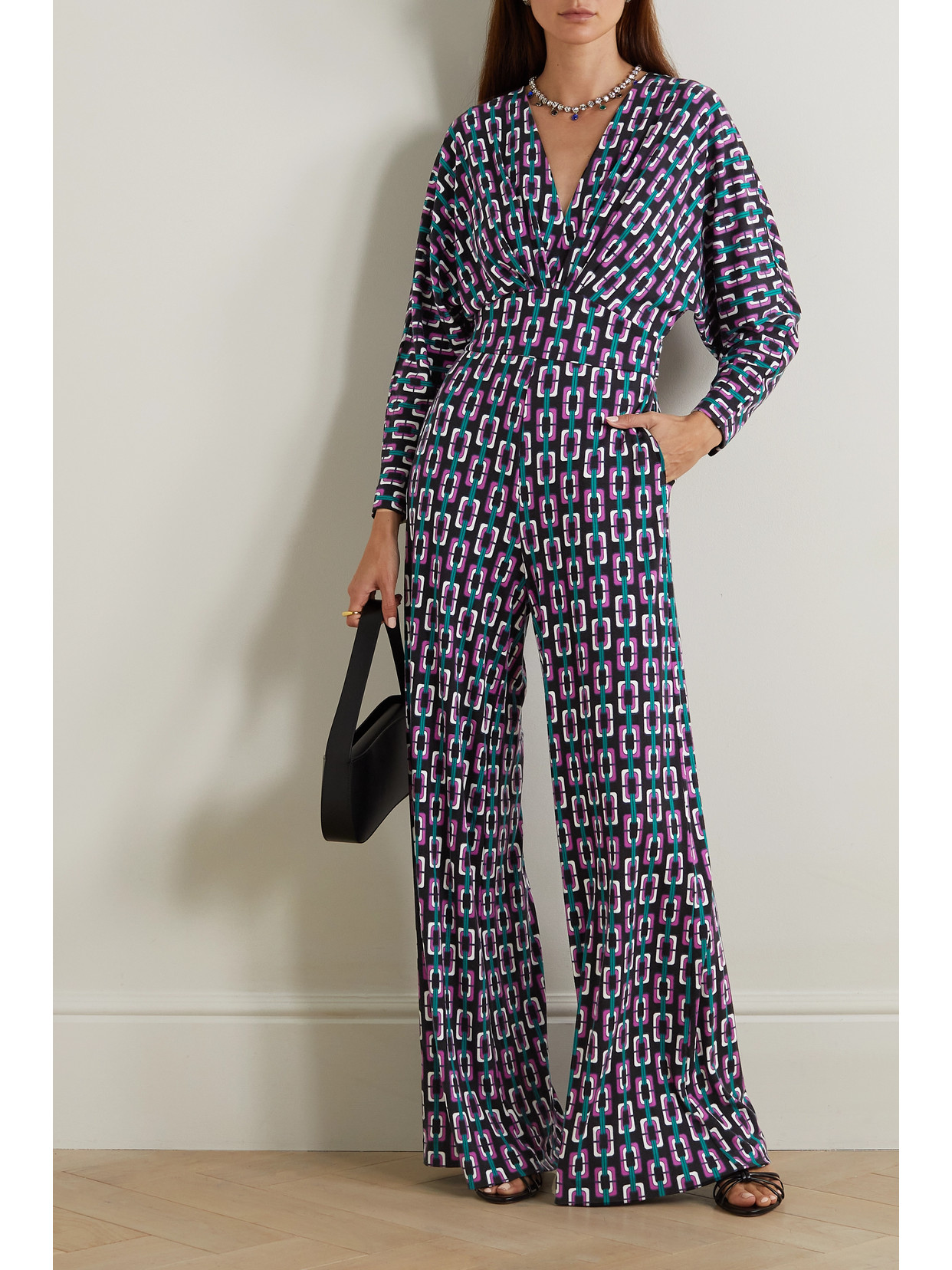 Shop Diane Von Furstenberg Belted Gathered Printed Tencel Modal And Wool-blend Jumpsuit In Purple