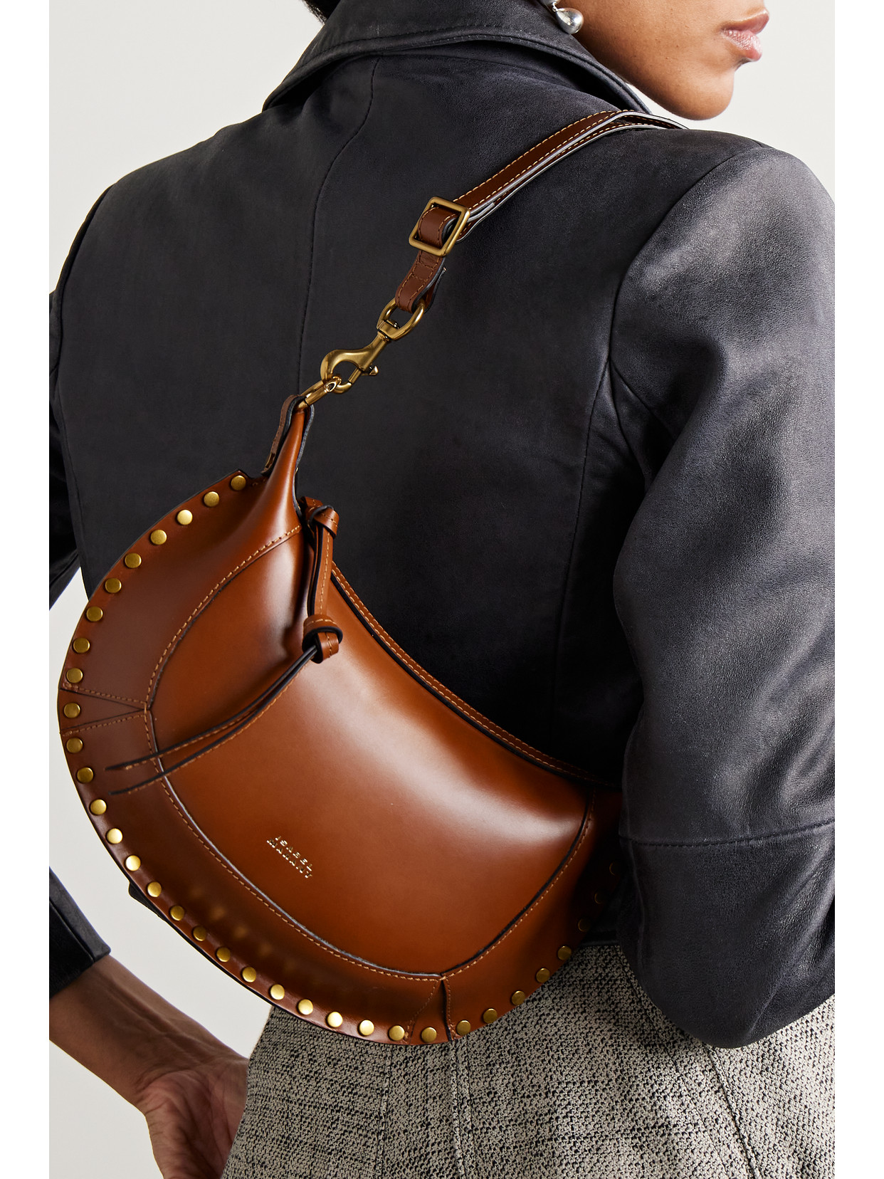 ISABEL MARANT OSKAN MOON STUDDED LEATHER SHOULDER BAG