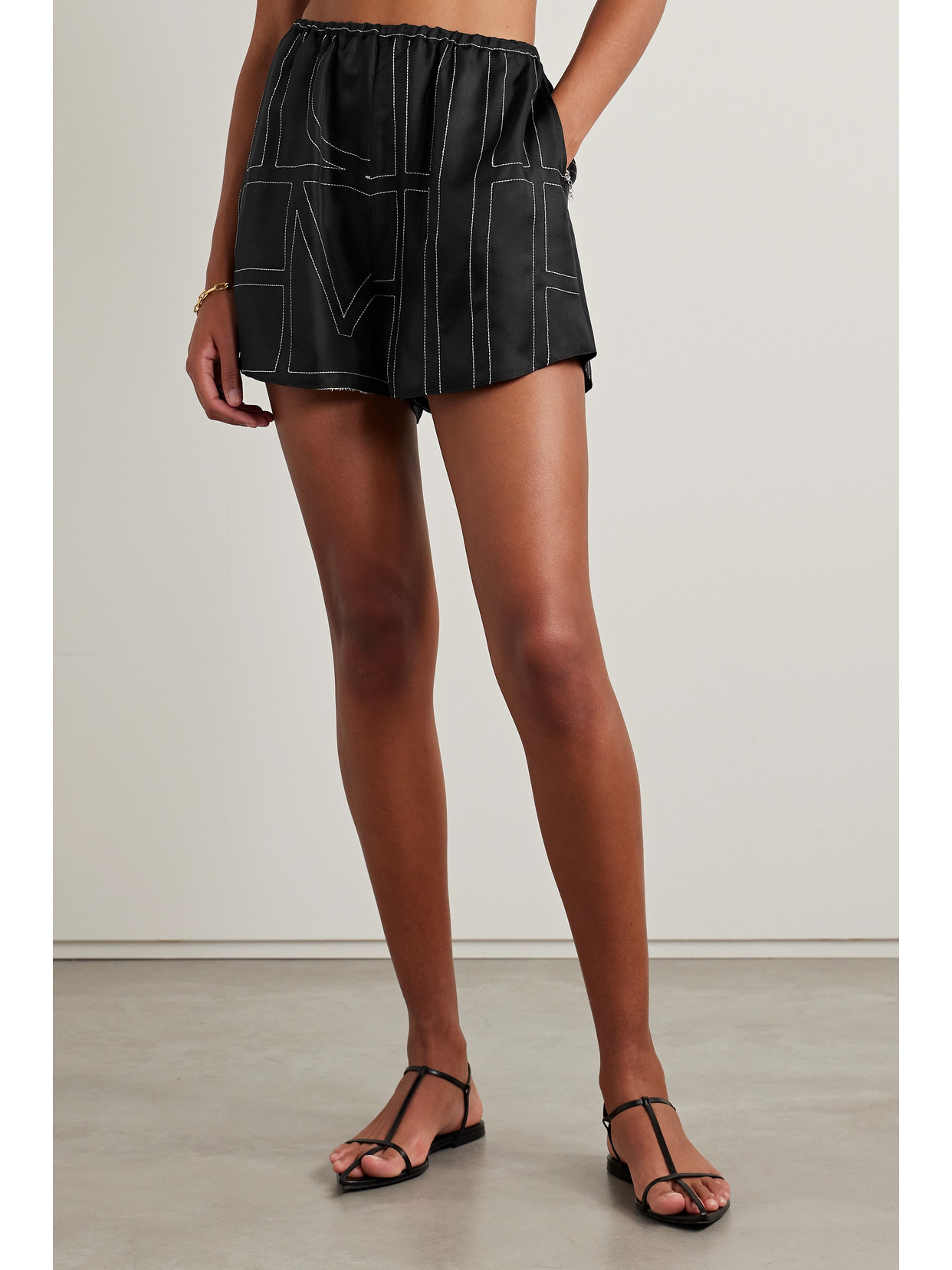 Shop Totême Embroidered Silk-twill Shorts In Black