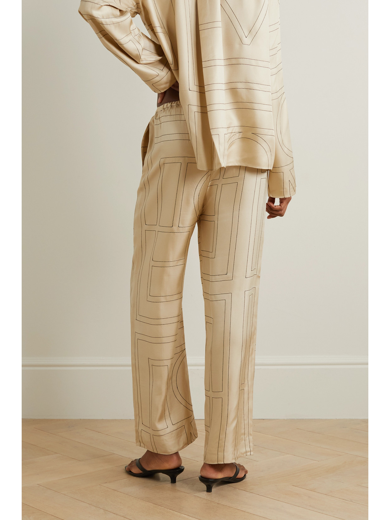 Totême Embroidered Silk-twill Wide-leg Pants In Beige | ModeSens