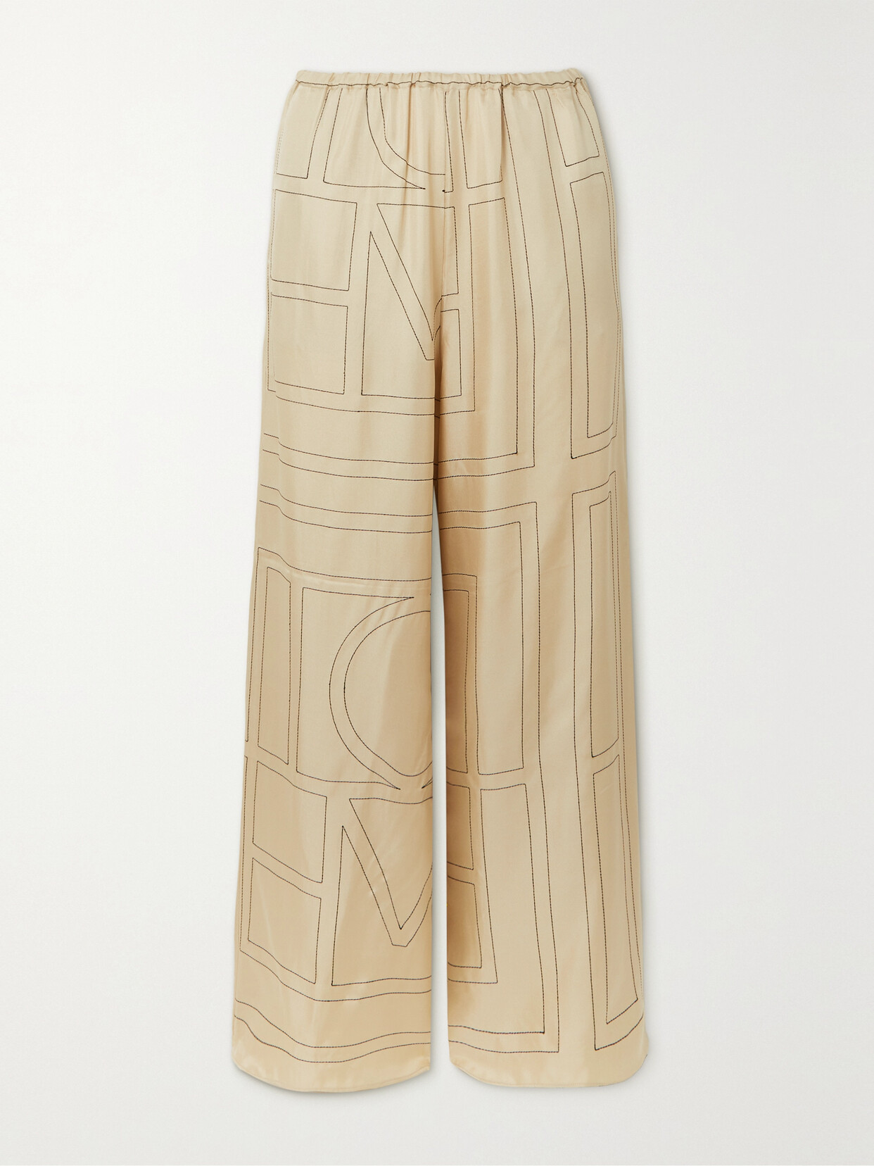 Shop Totême Embroidered Silk-twill Wide-leg Pants In Ivory