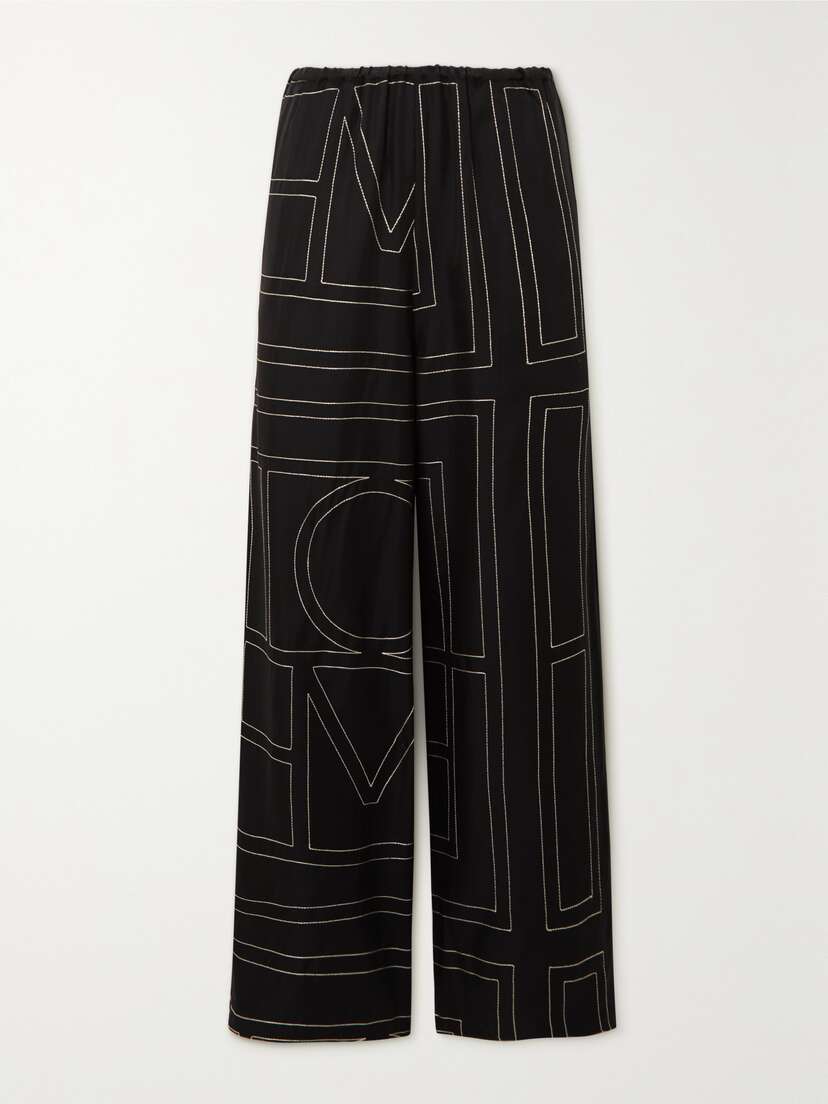 TOTEME Embroidered Silk-twill Wide-leg Pants