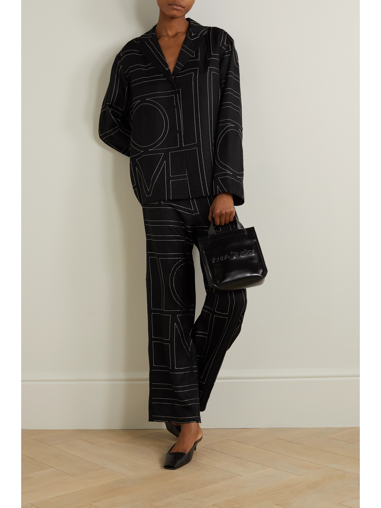 Shop Totême Embroidered Silk-twill Shirt In Black
