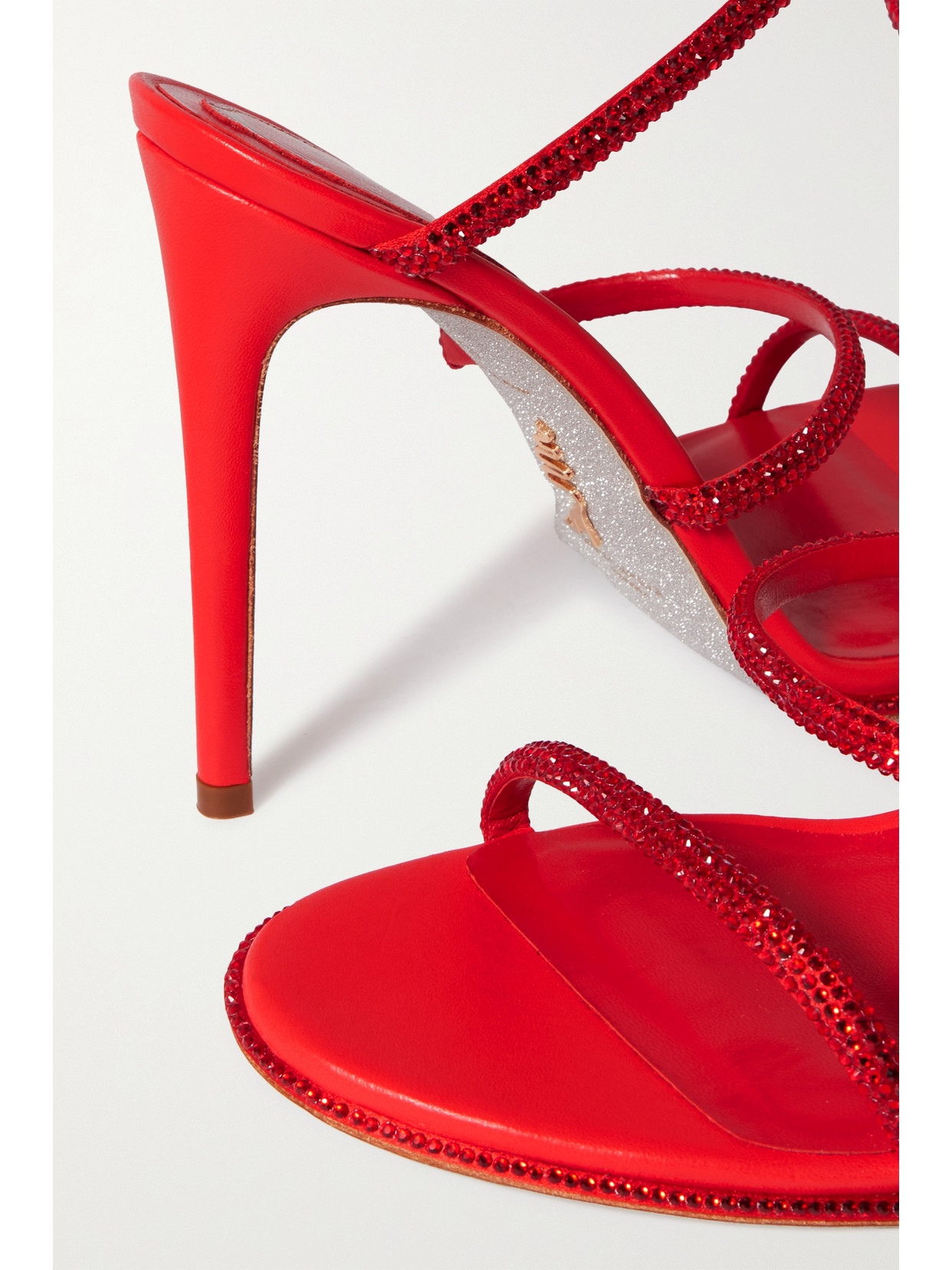 Shop René Caovilla Cleo Crystal-embellished Satin And Leather Sandals In Red