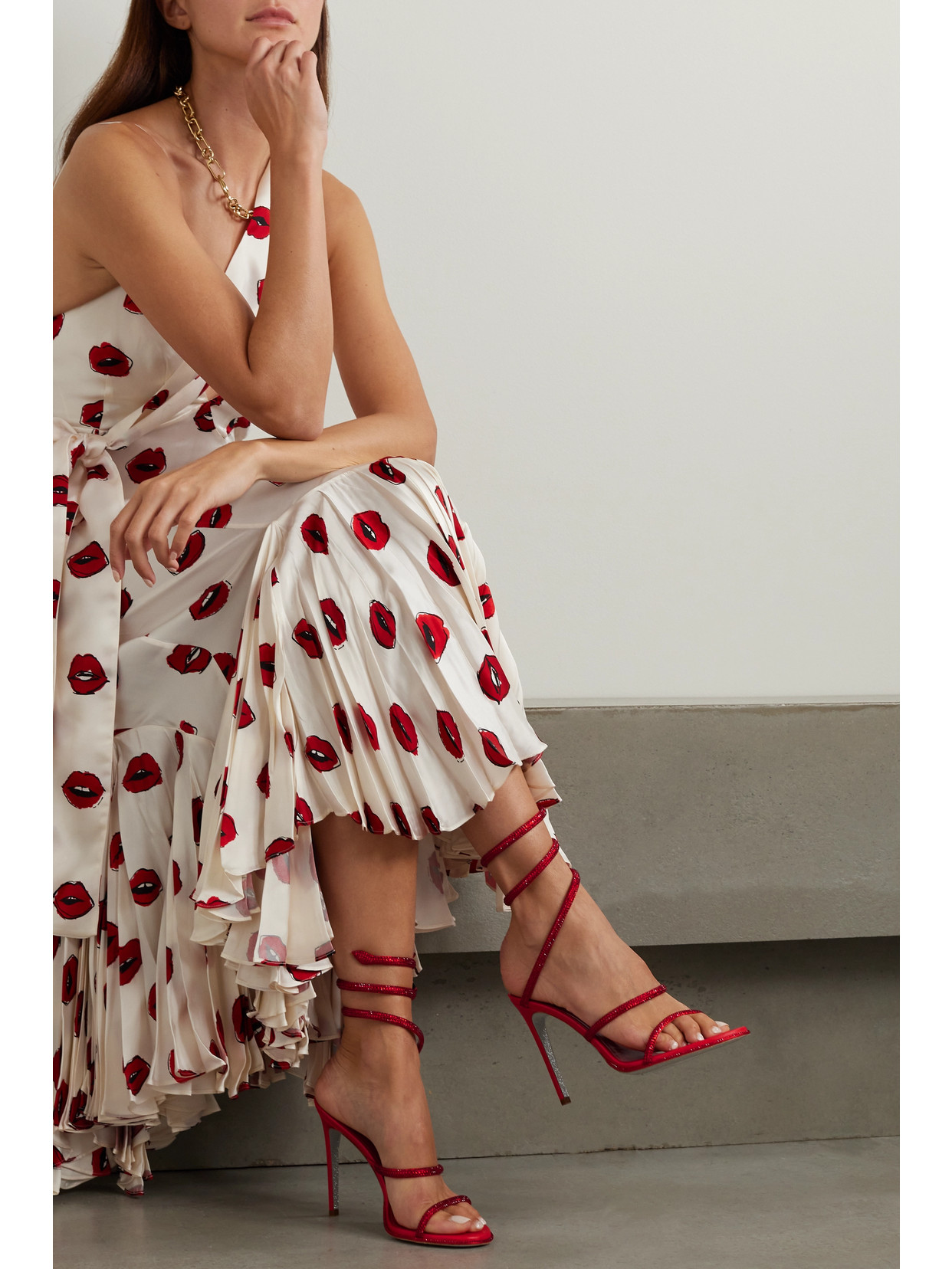 René Caovilla Cleo Crystal-embellished Satin And Leather Sandals In Red