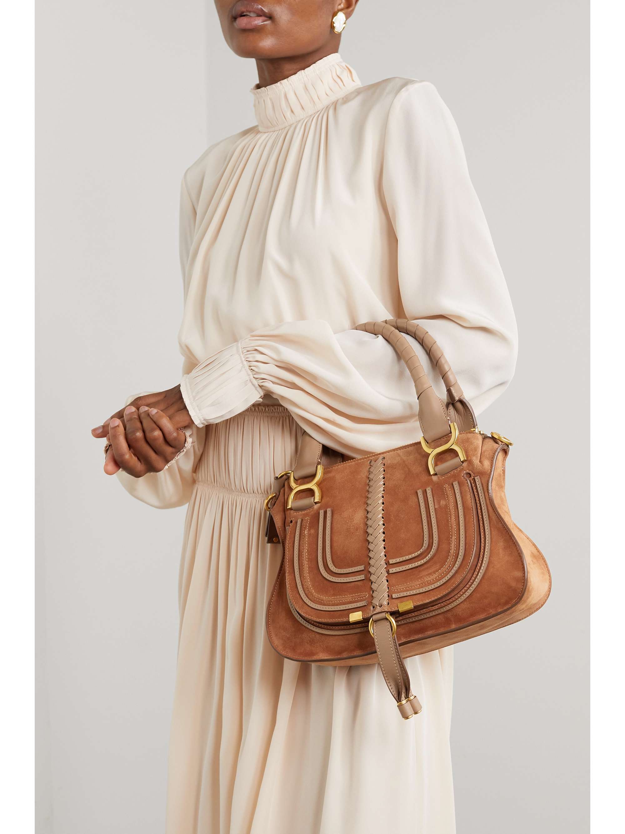 CHLOÉ Marcie small braided leather-trimmed suede tote | NET-A-PORTER