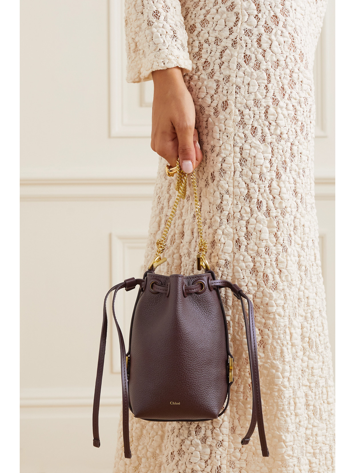 Shop Chloé Marcie Mini Embellished Textured-leather Bucket Bag In Burgundy