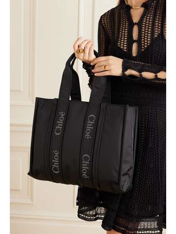 CHLOÉ Woody large embroidered leather-trimmed nylon tote