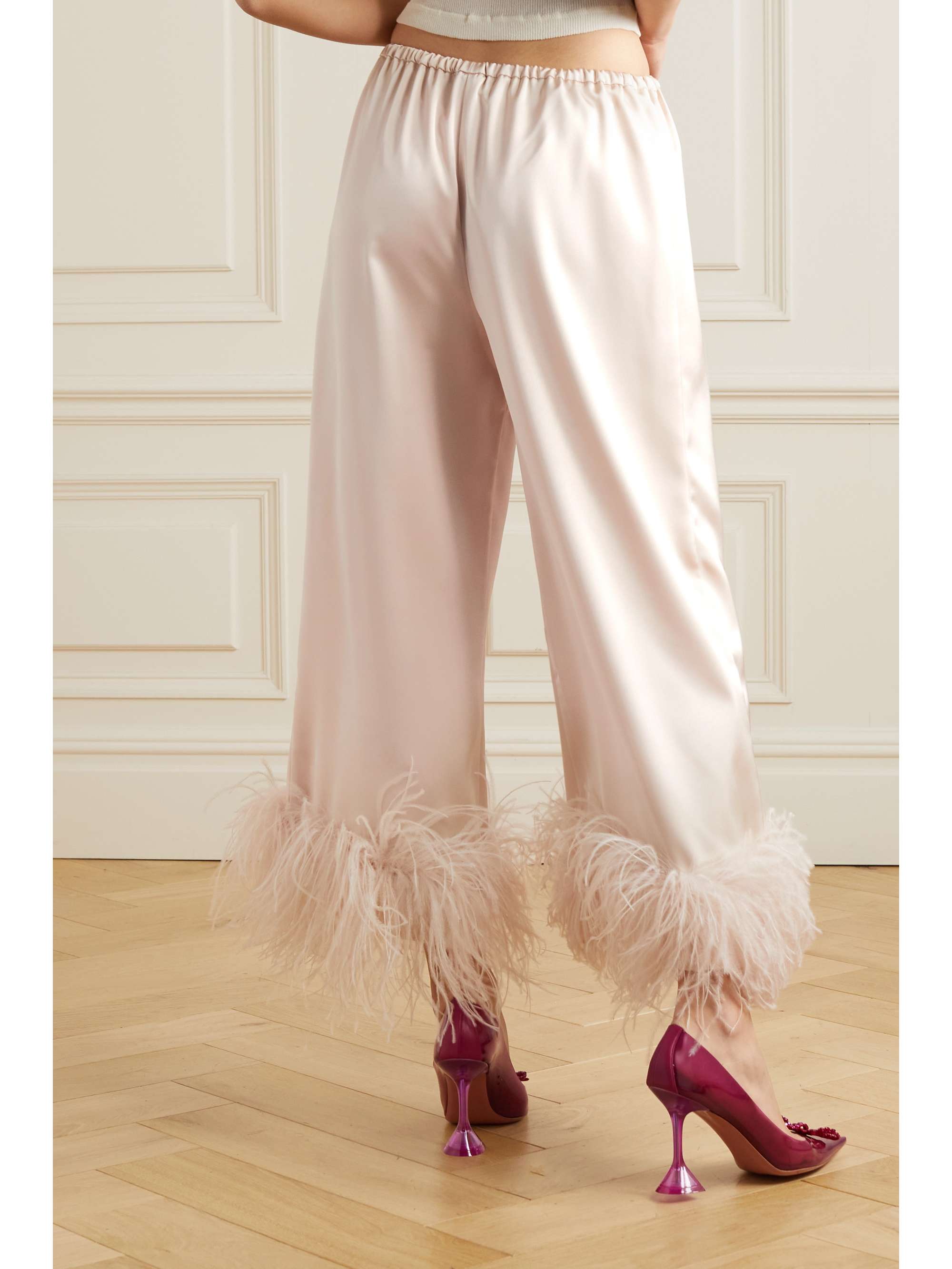 16ARLINGTON Mandrake cropped feather-trimmed stretch-satin wide-leg pants
