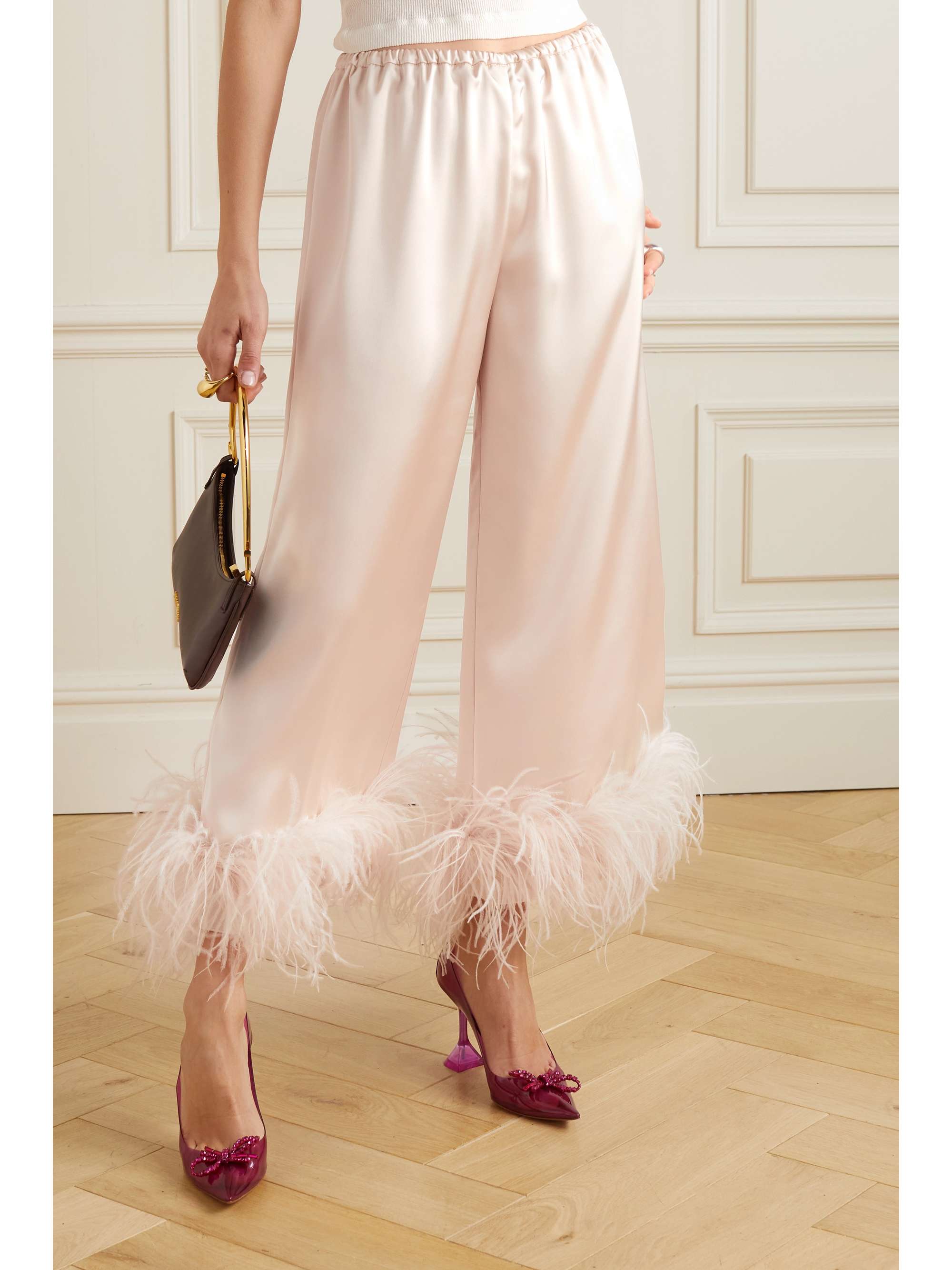 16ARLINGTON Mandrake cropped feather-trimmed stretch-satin wide-leg pants