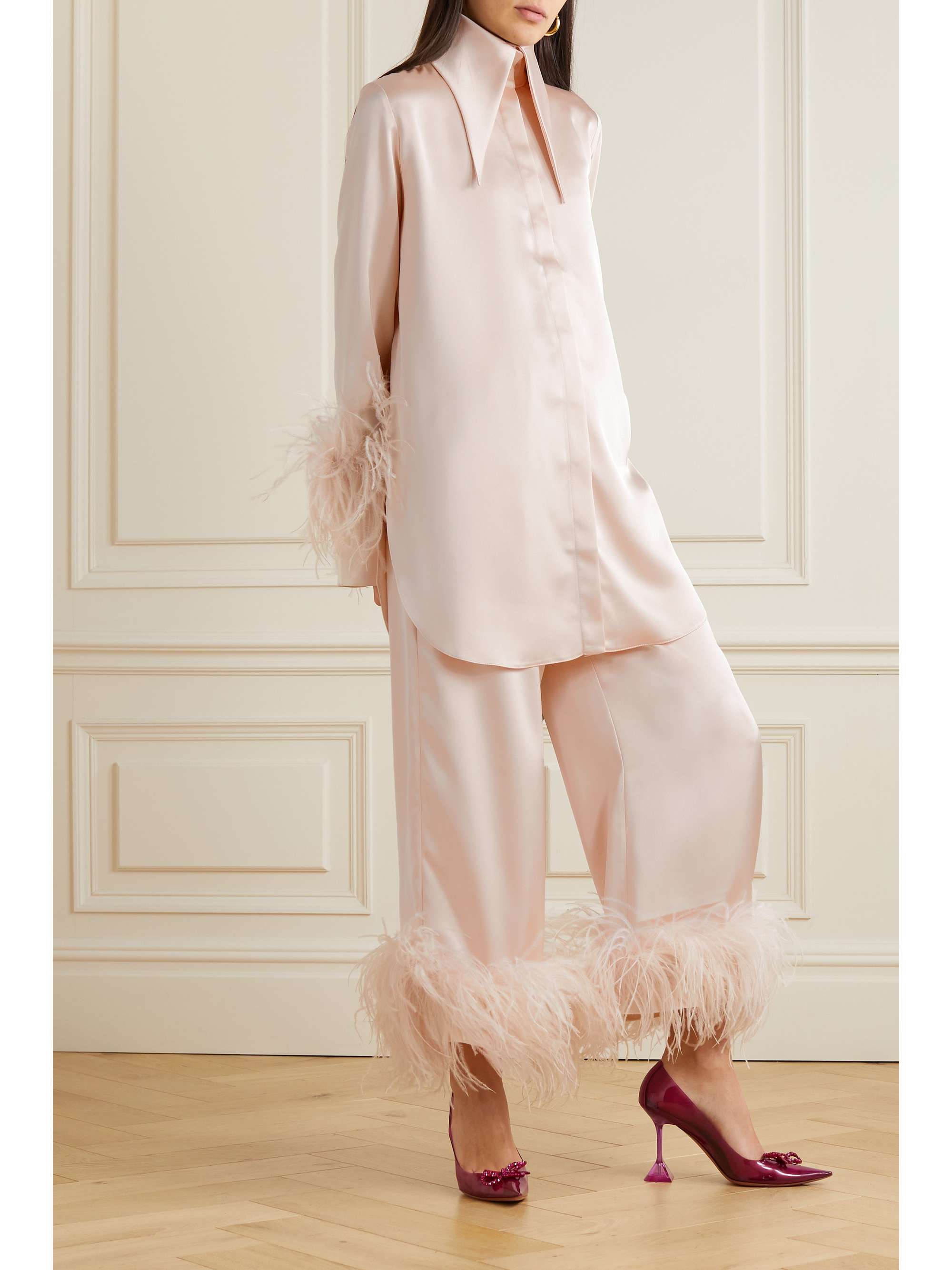 16ARLINGTON Seymour feather-trimmed stretch-satin shirt