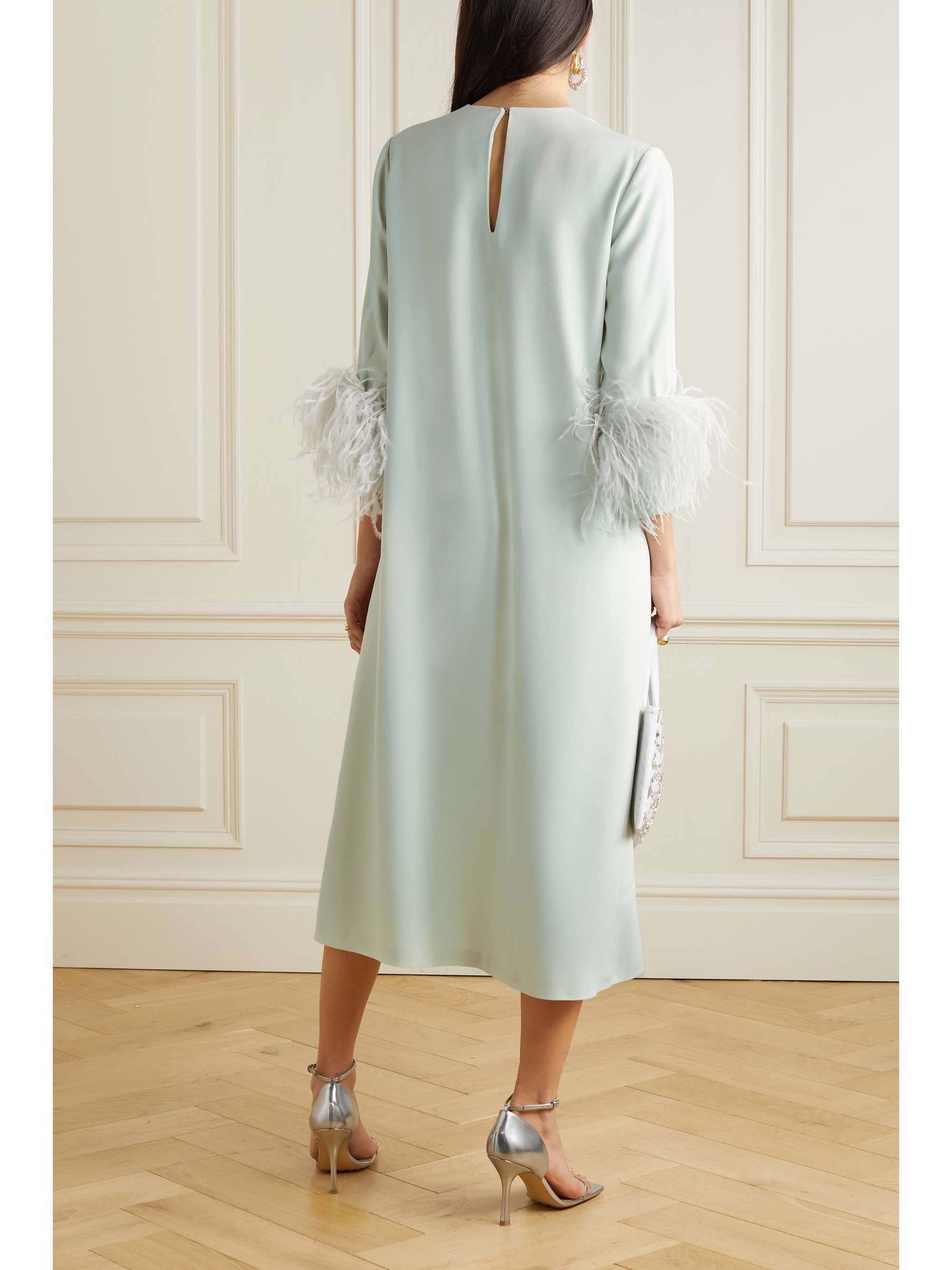 16ARLINGTON Billie feather-trimmed crepe midi dress