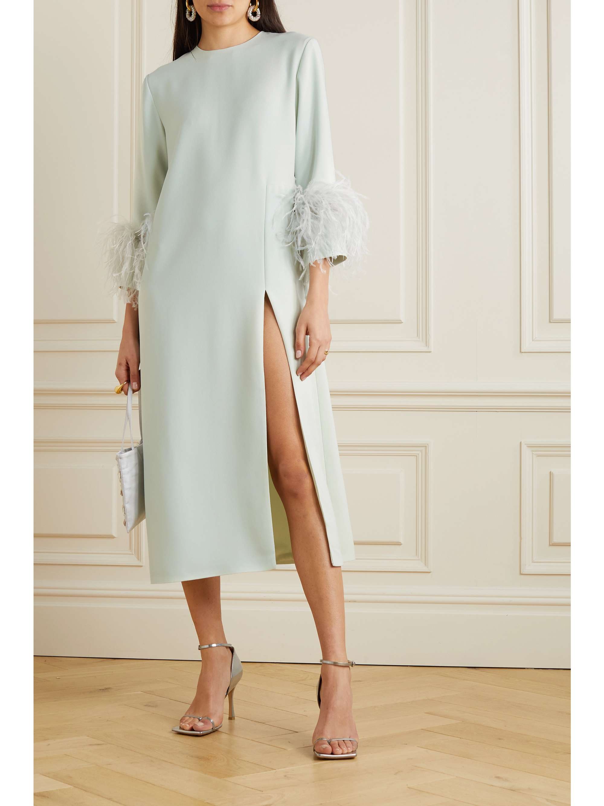 16ARLINGTON Billie feather-trimmed crepe midi dress