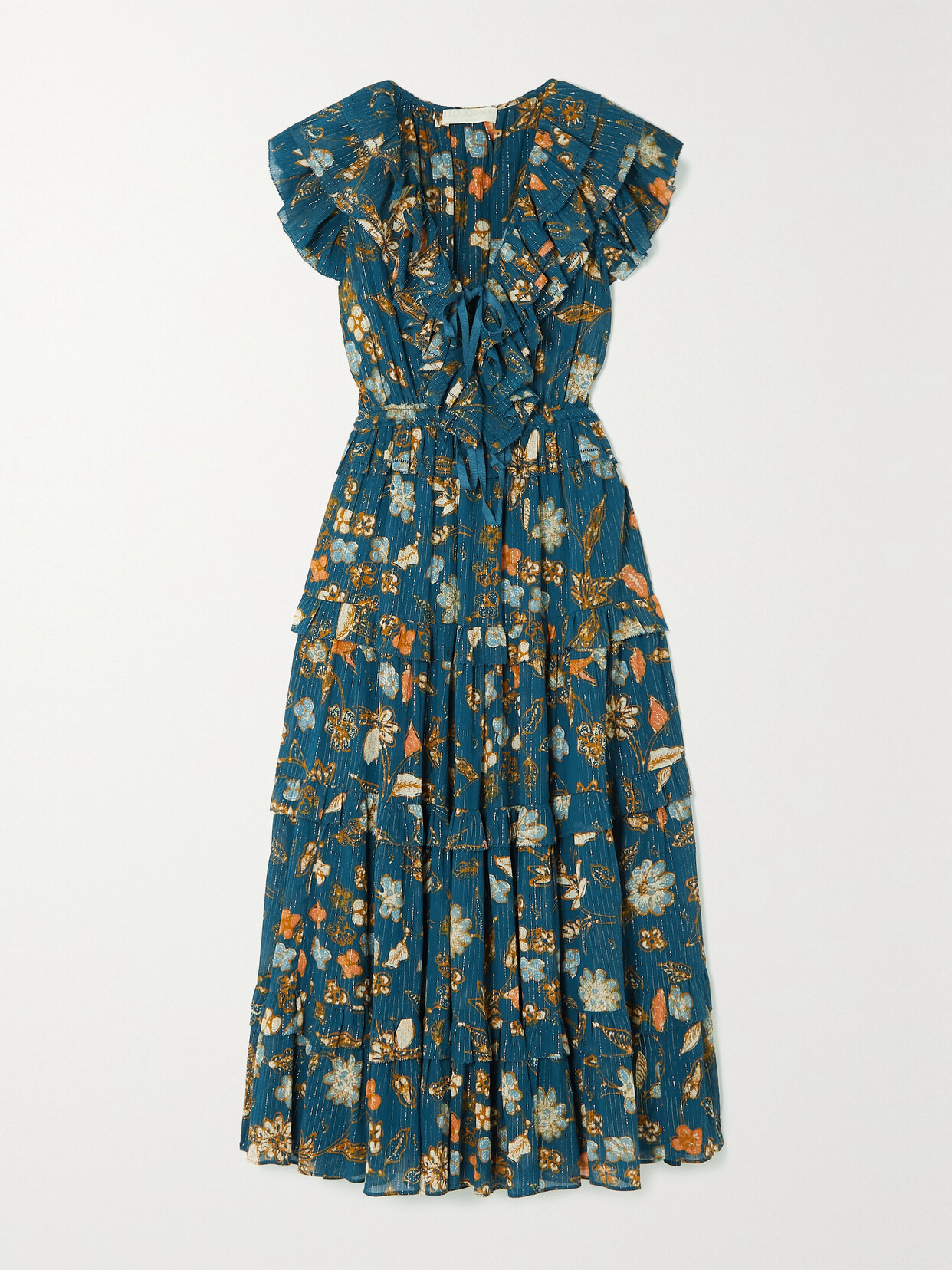 Ulla Johnson - Arisa Ruffled Metallic Floral-print Silk Crepe De Chine Maxi Dress - Blue