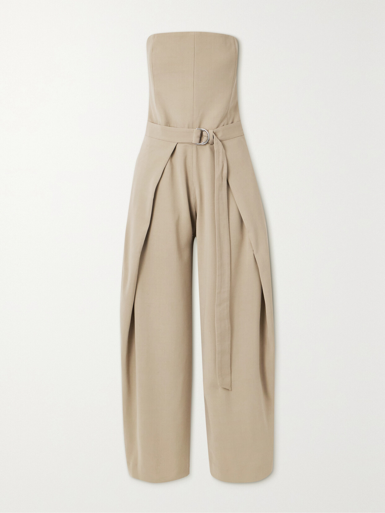 AMI PARIS - Strapless Pleated Belted Twill Jumpsuit - Neutrals