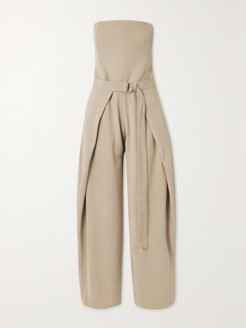AMI PARIS Strapless Pleated Belted Twill Jumpsuit