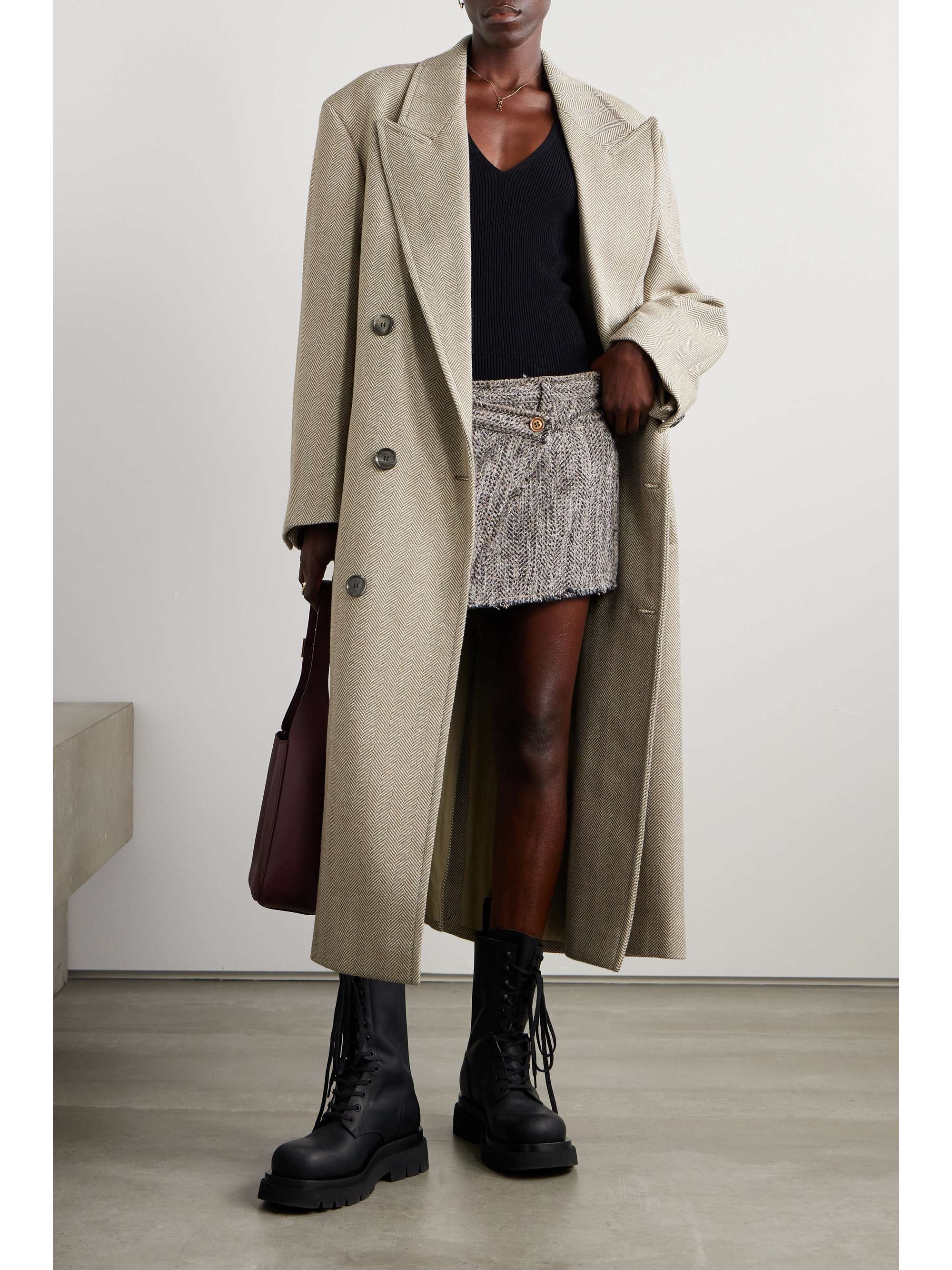 Double-breasted herringbone wool-blend coat