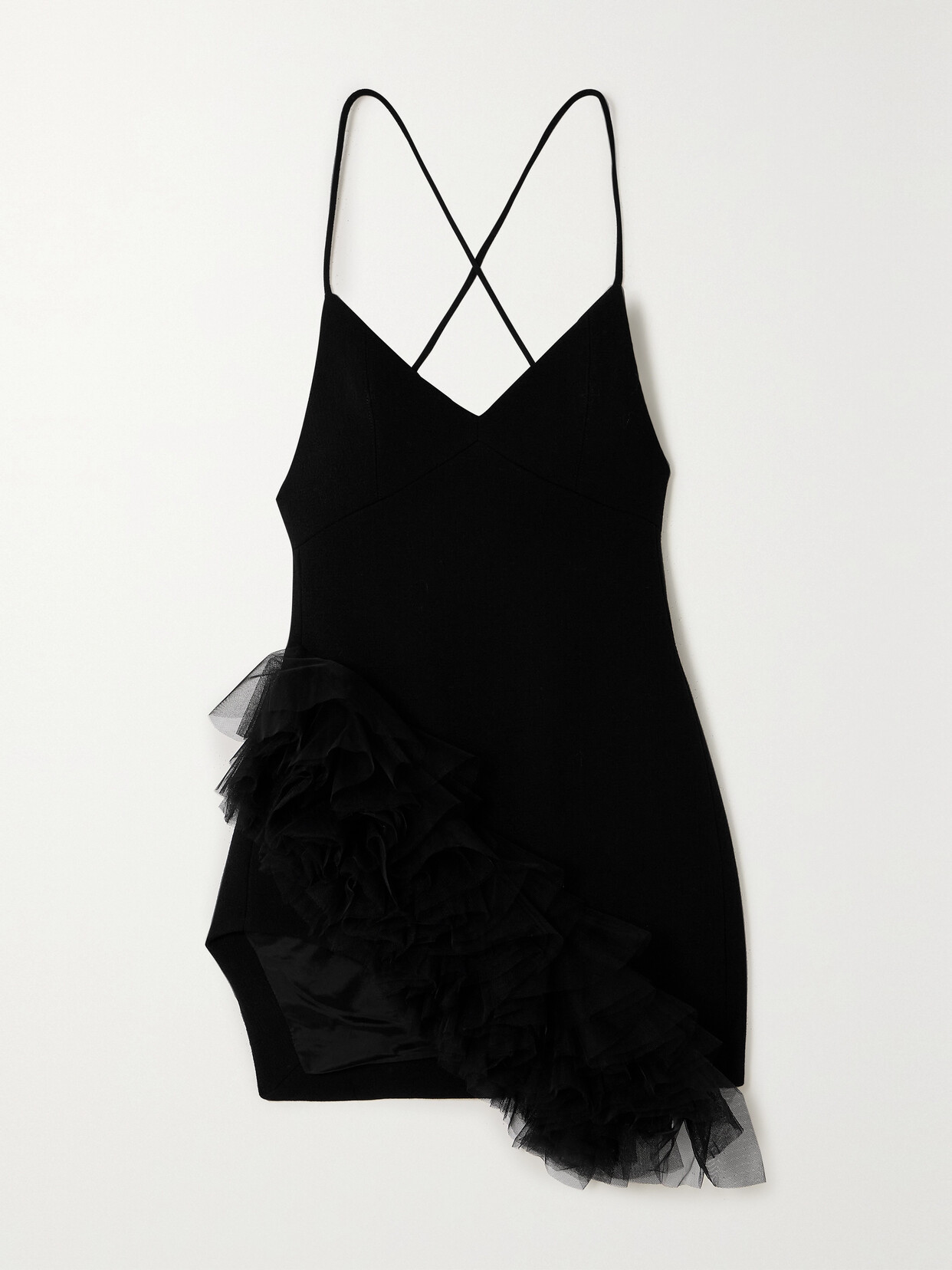 David Koma Asymmetric Tulle-trimmed Wool-crepe Mini Dress - Black