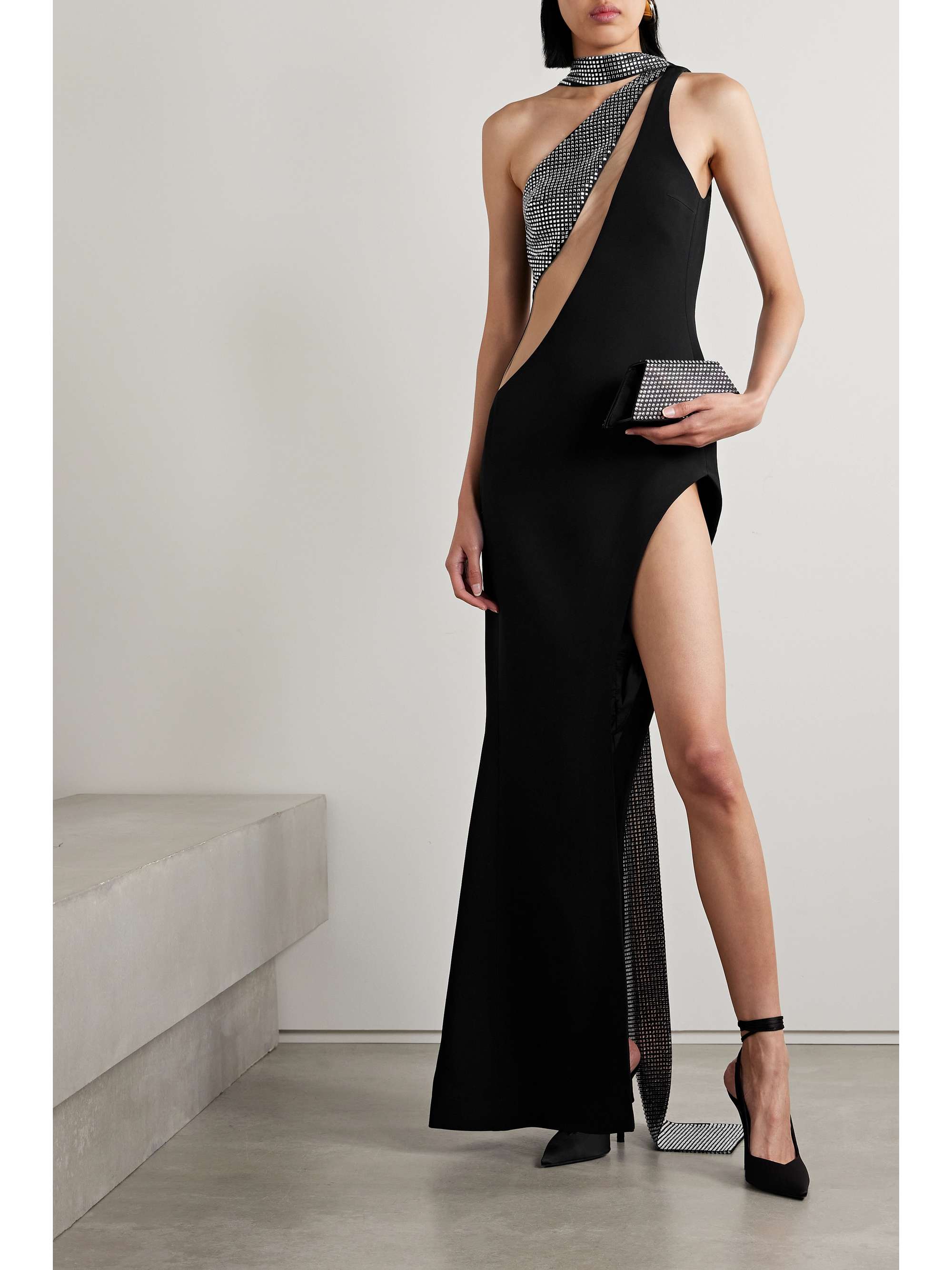 DAVID KOMA Asymmetric mesh-trimmed crystal-embellished cady gown | NET ...