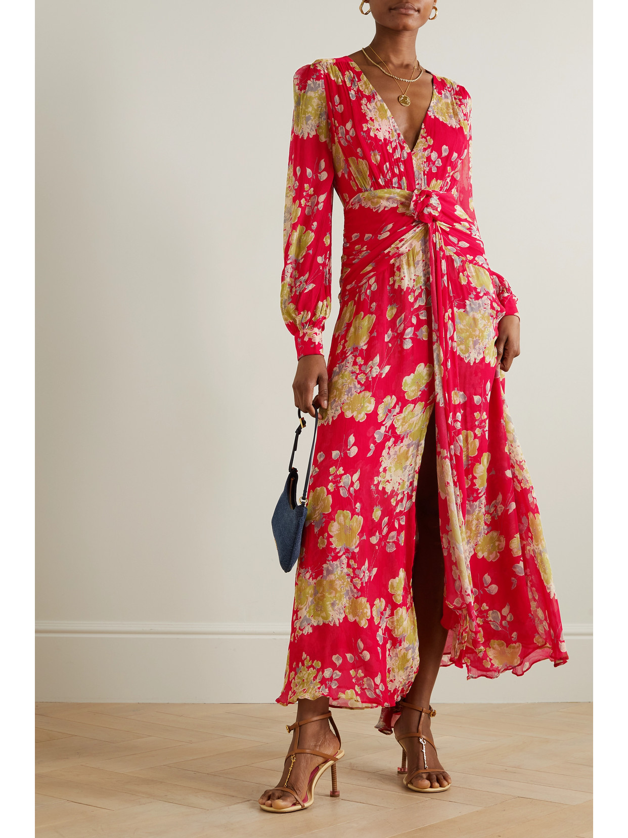 Shop Rixo London Meera Gathered Floral-print Crepon Maxi Dress In Red