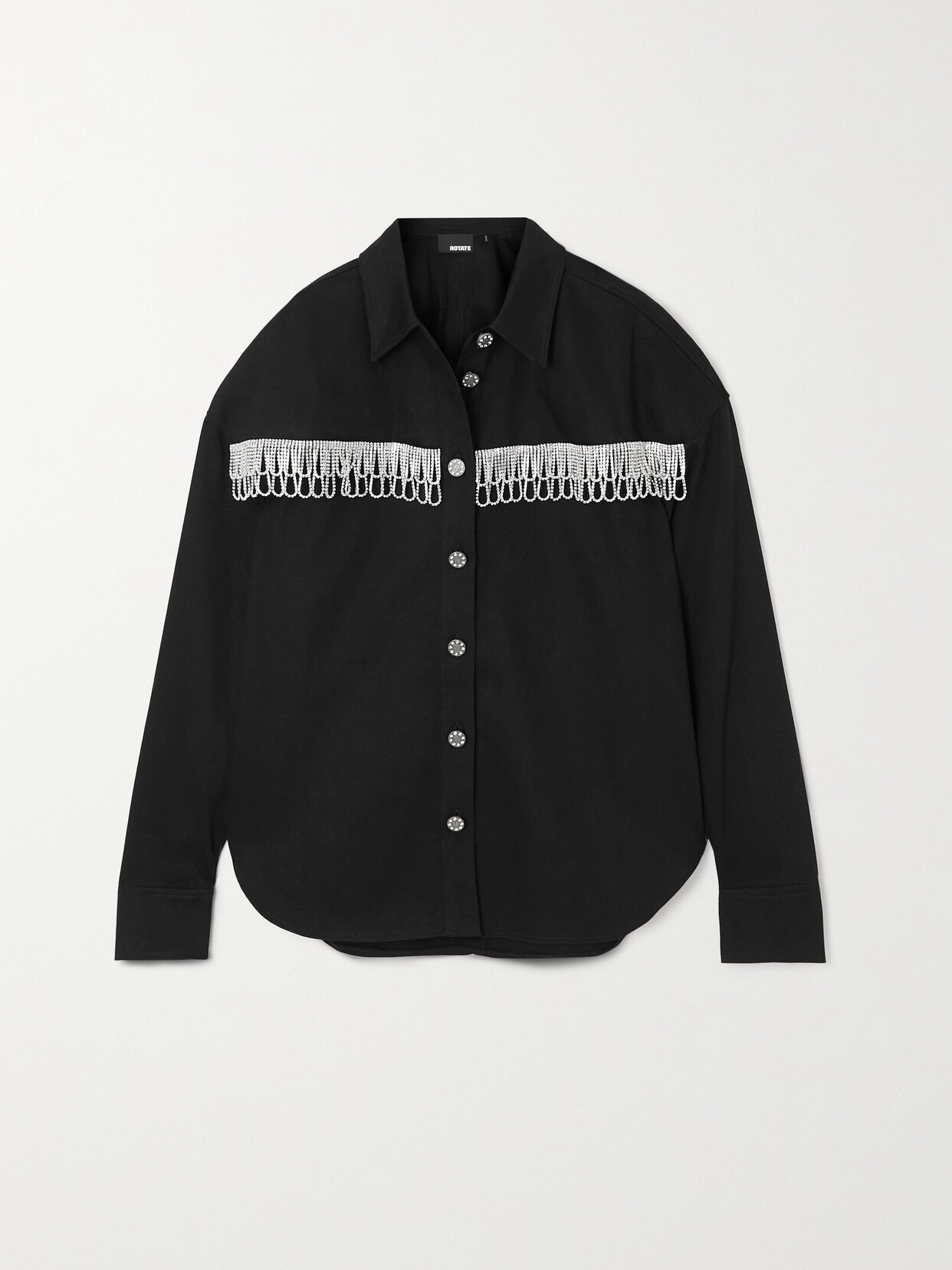 Rotate Birger Christensen Anni Oversized Fringed Crystal-embellished Organic Cotton-twill Overshirt In Black