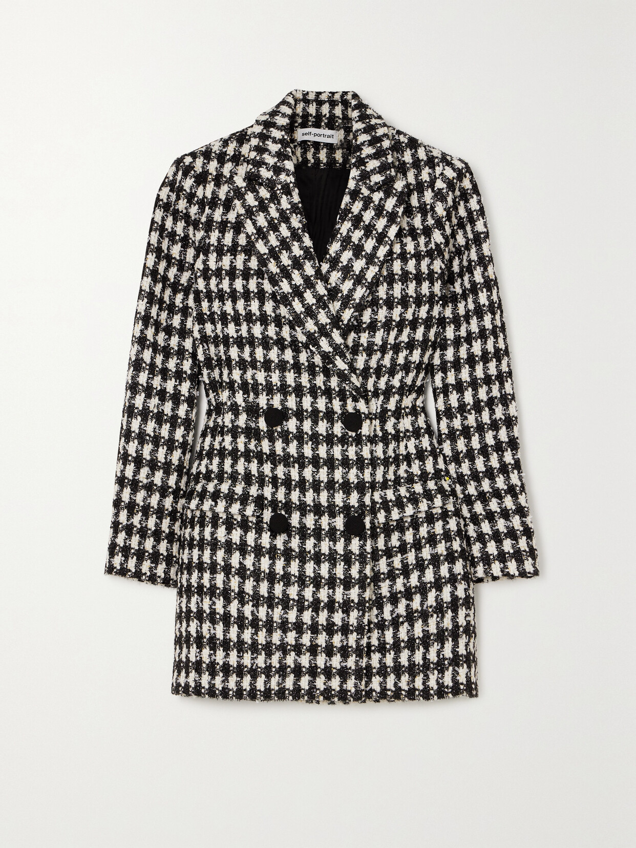 Shop Self-portrait Double-breasted Metallic Checked Bouclé Mini Dress In Black
