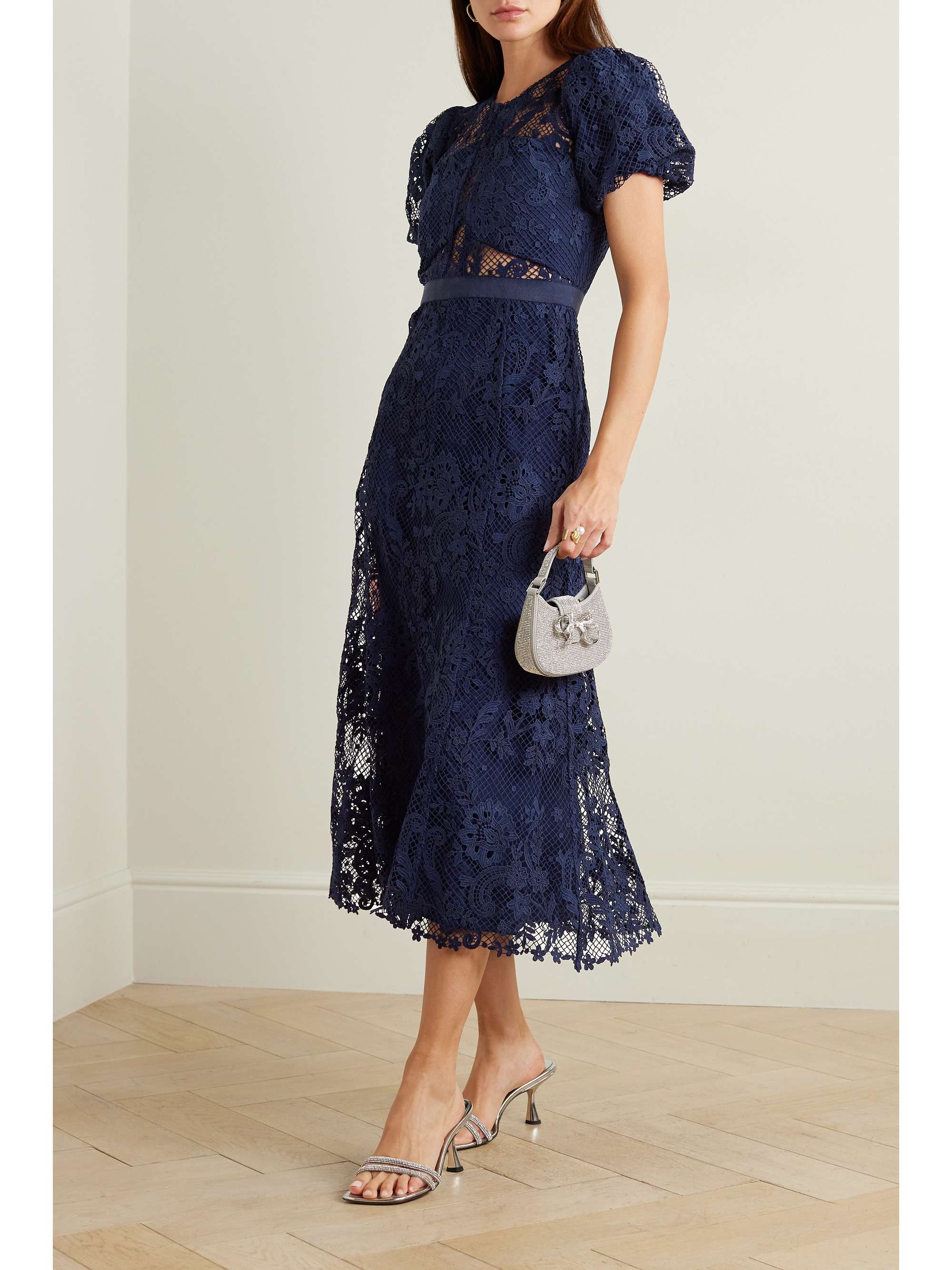 SELF-PORTRAIT Grosgrain-trimmed corded guipure lace midi dress | NET-A ...