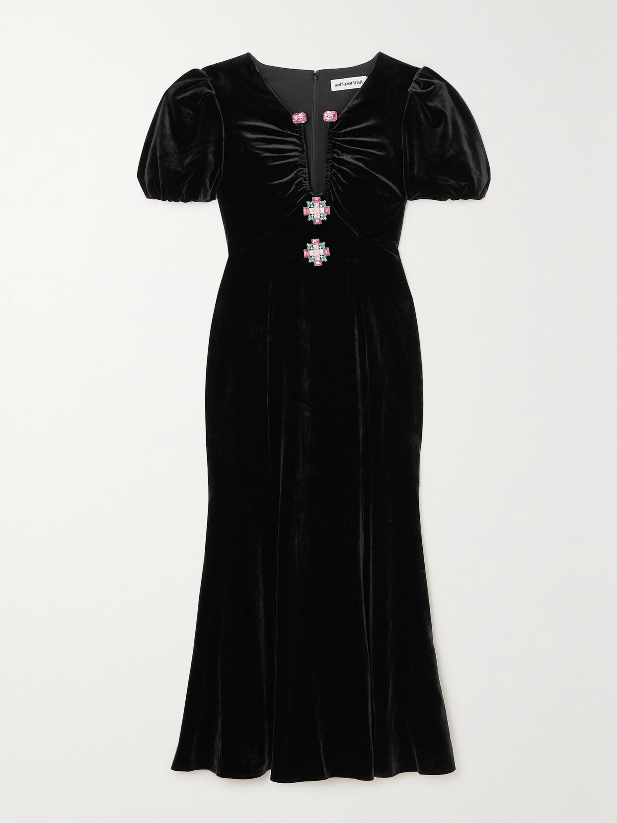 Self-Portrait Crystal-embellished Gathered Velvet Midi Dress - Black