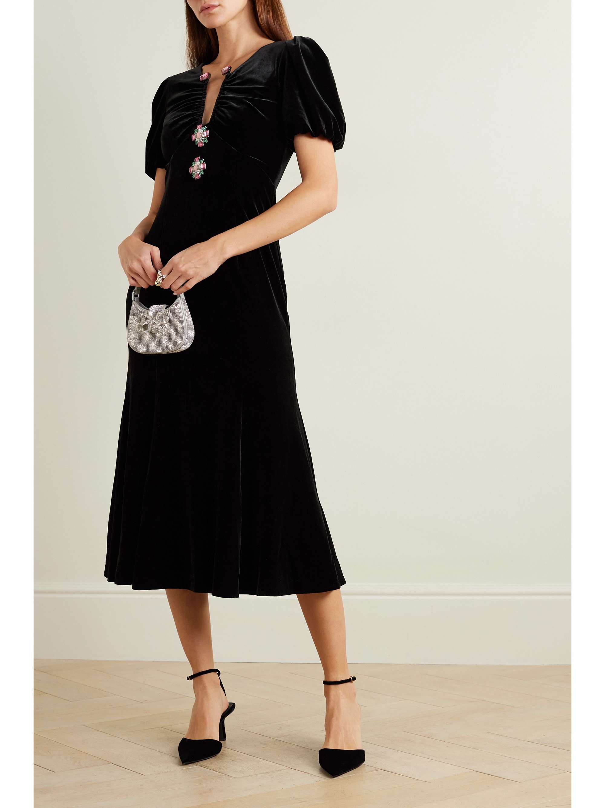 Crystal-embellished gathered velvet midi dress