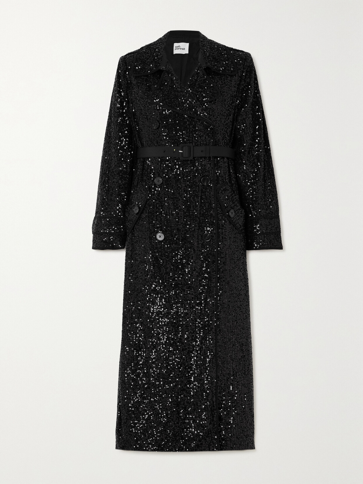 Self-Portrait - Belted Sequined Crepe Trench Coat - Black