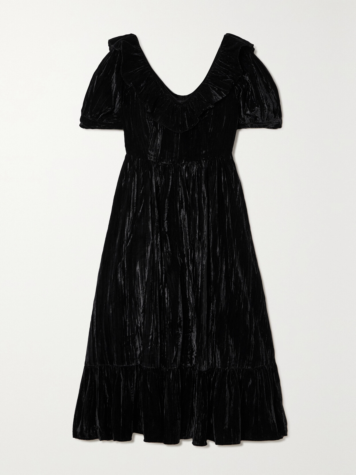 Batsheva - May Ruffled Tiered Velvet Midi Dress - Black