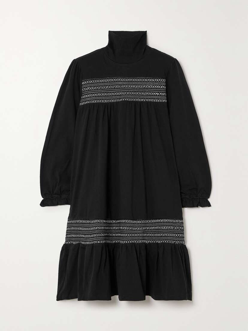 Batsheva Frankie Smocked Stretch Cotton-jersey Mini Turtleneck Dress