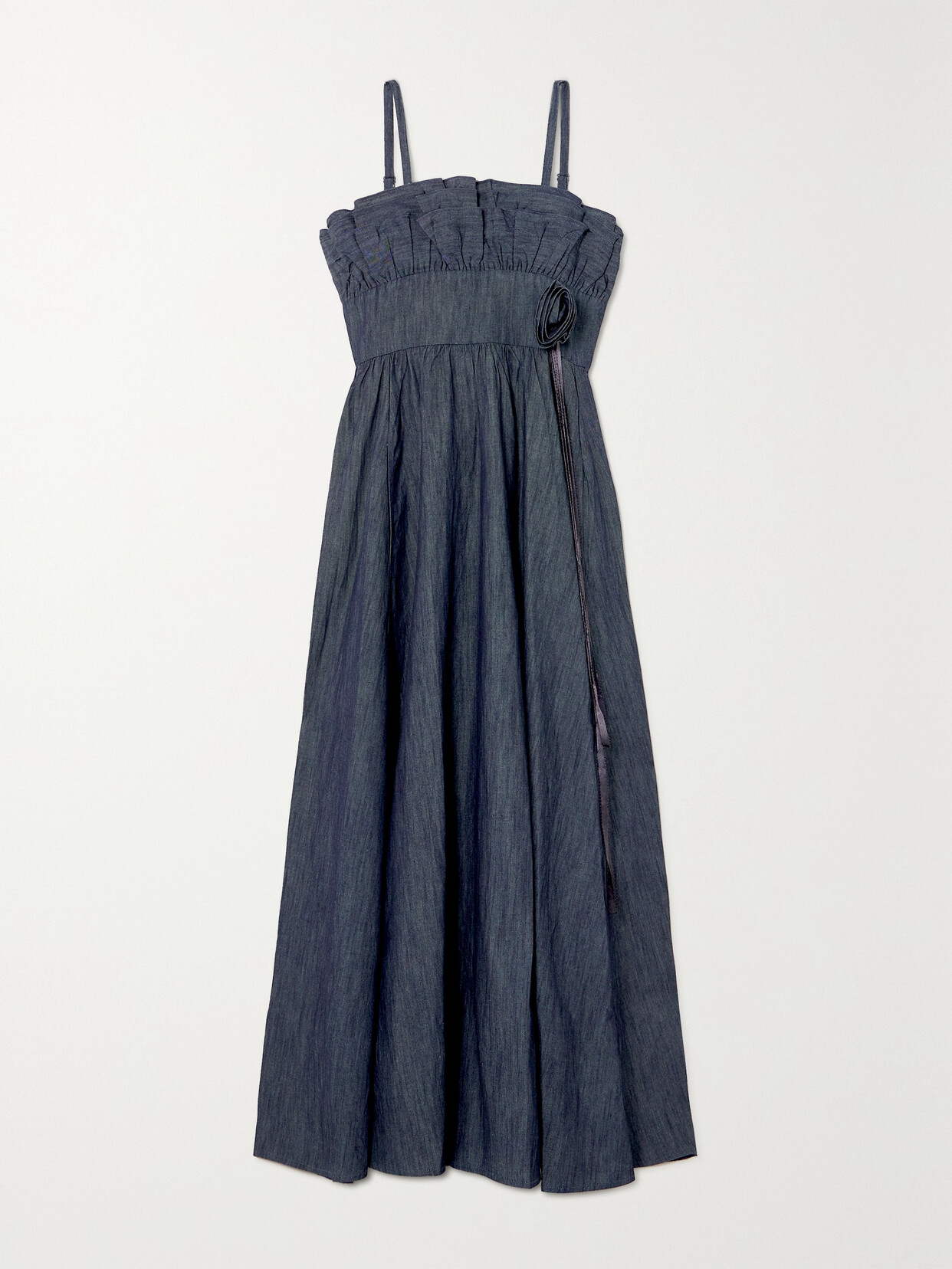 Batsheva - Amara Ruffled Appliquéd Denim Maxi Dress - Gray