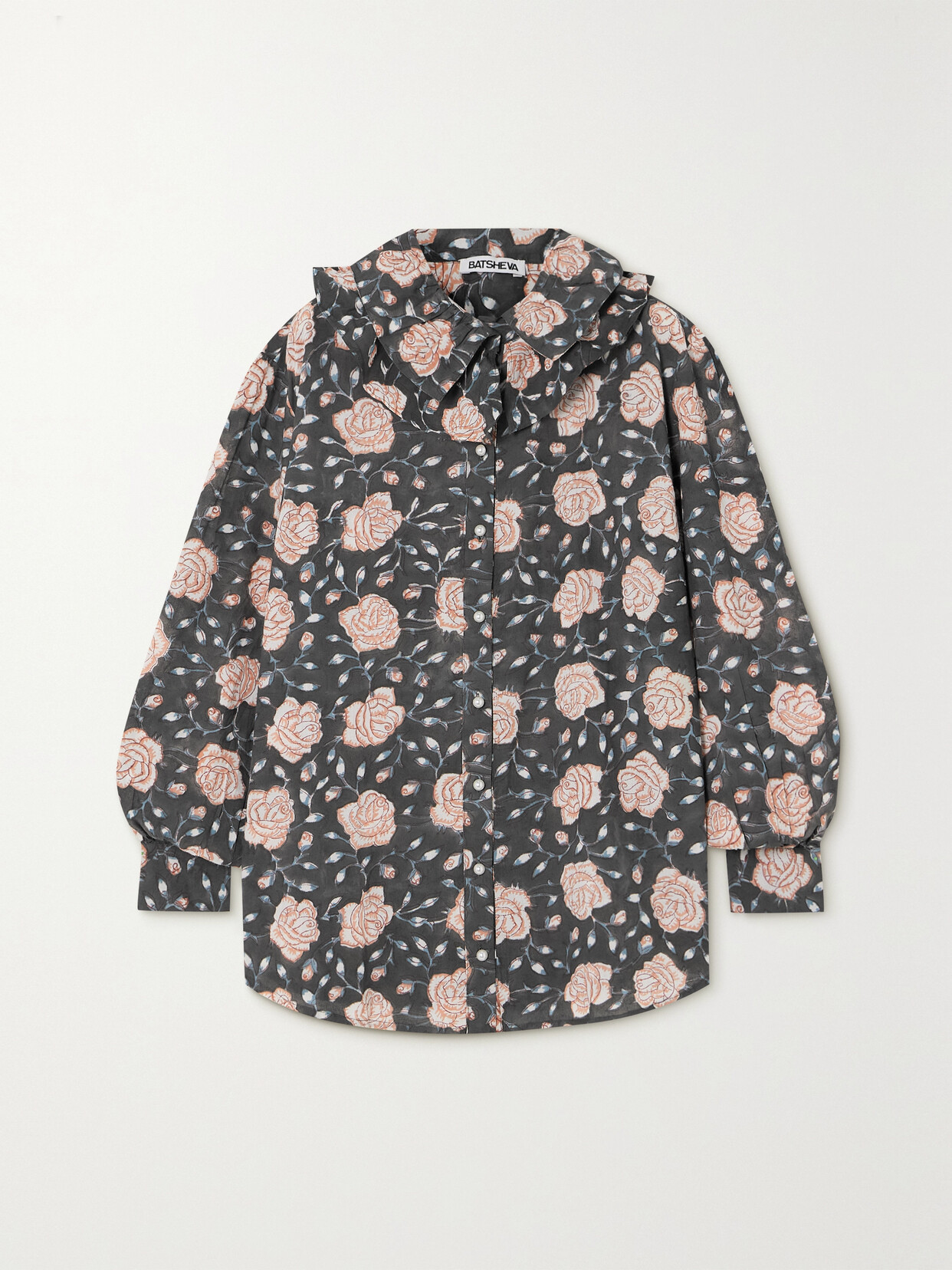 Batsheva Apollo Faux Pearl-embellished Floral-print Cotton-poplin Blouse - Gray