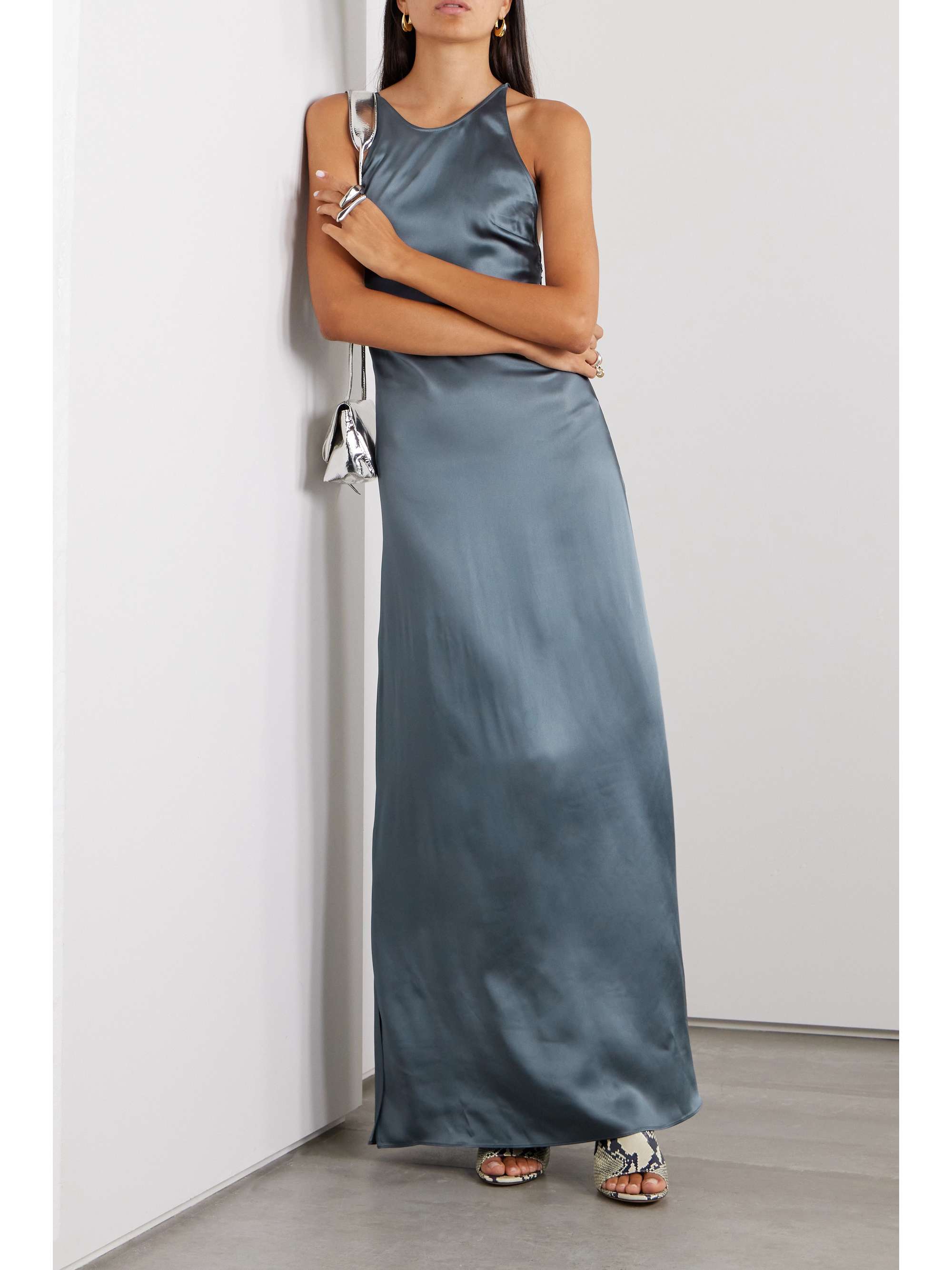 Grey satin maxi deals dress
