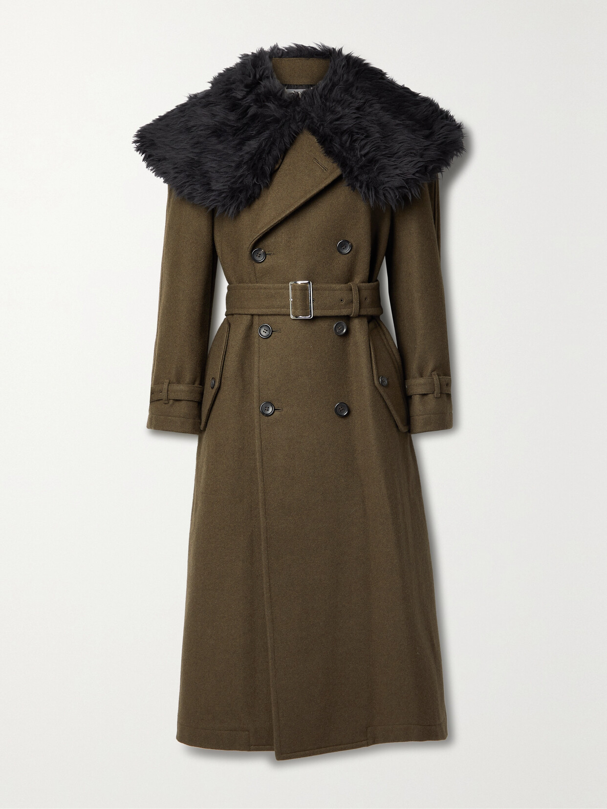 Comme des Garçons Comme des Garçons - Belted Double-breasted Faux-fur Trimmed Wool-blend Felt Coat - Green