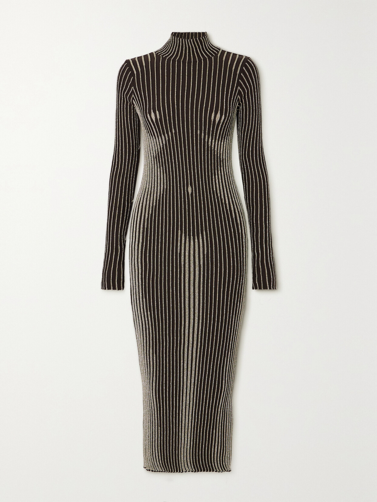 Jean Paul Gaultier - Trompe L'oeil Ribbed Metallic Merino Wool-blend Turtleneck Midi Dress - Brown