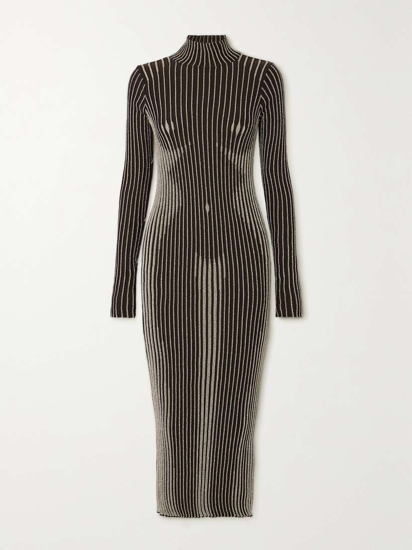 Jean Paul Gaultier Trompe L'oeil Ribbed Metallic Merino Wool-blend Turtleneck Midi Dress - x large